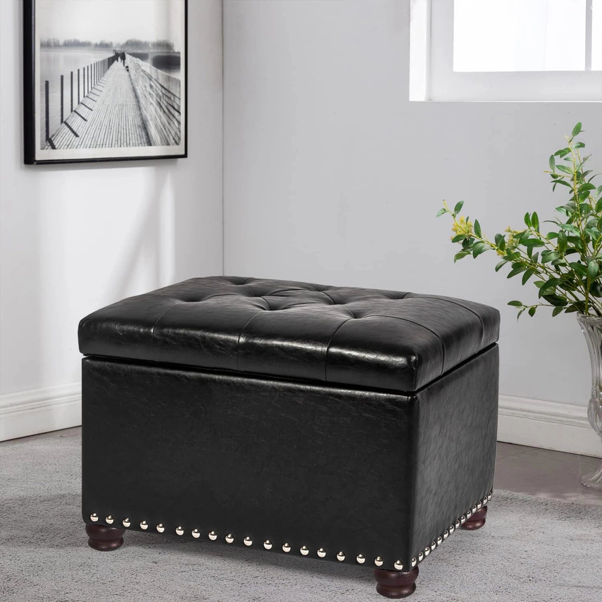 Decent Home Black Faux Leather Storage Ottoman – lifestyle room view