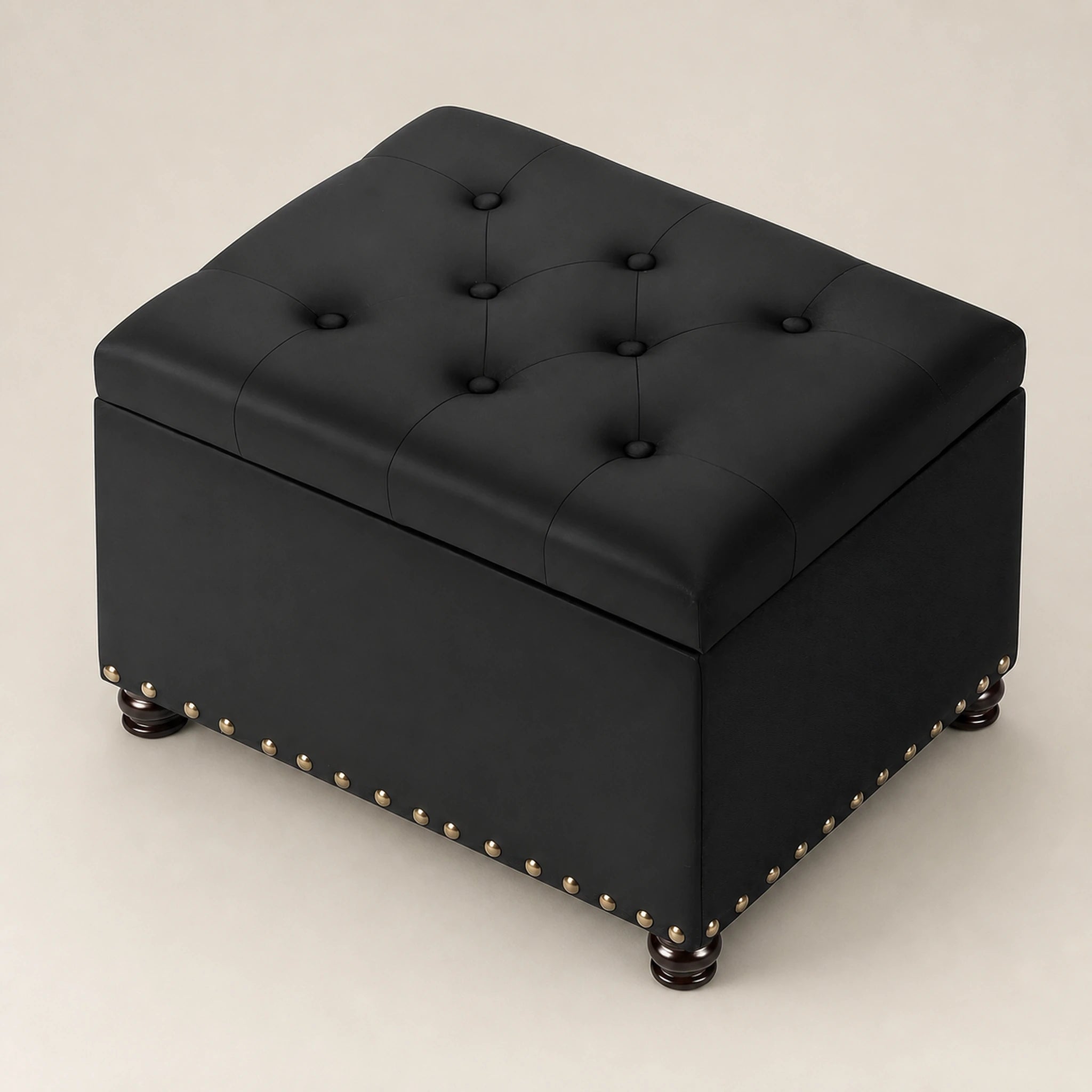 Beringia Black linen 24-inch storage ottoman – warm studio front view
