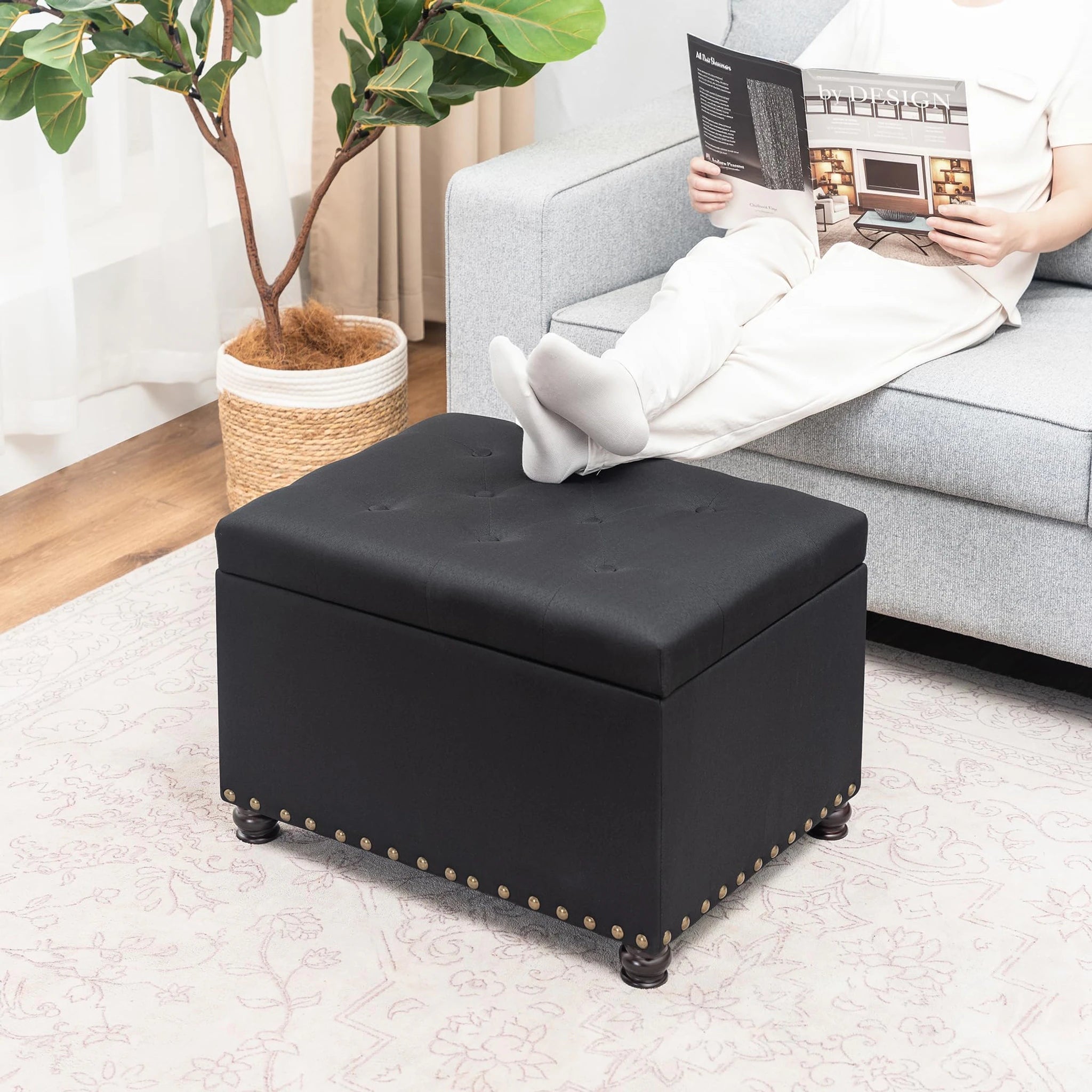Decent Home Black Tufted Linen Storage Ottoman – lifestyle room view