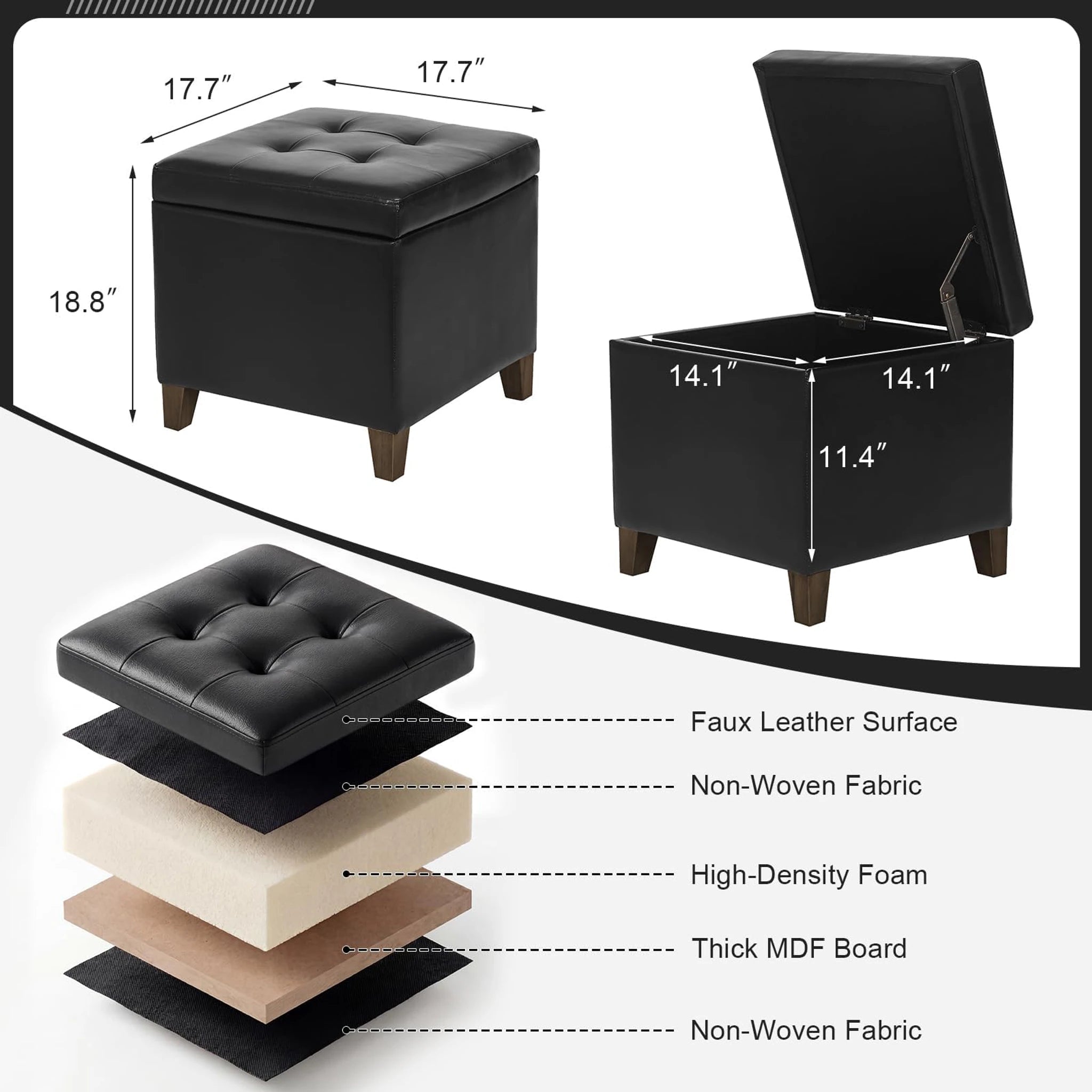 Decent Home Black With Brown Leg Faux Leather Storage Ottoman – dimensions chart