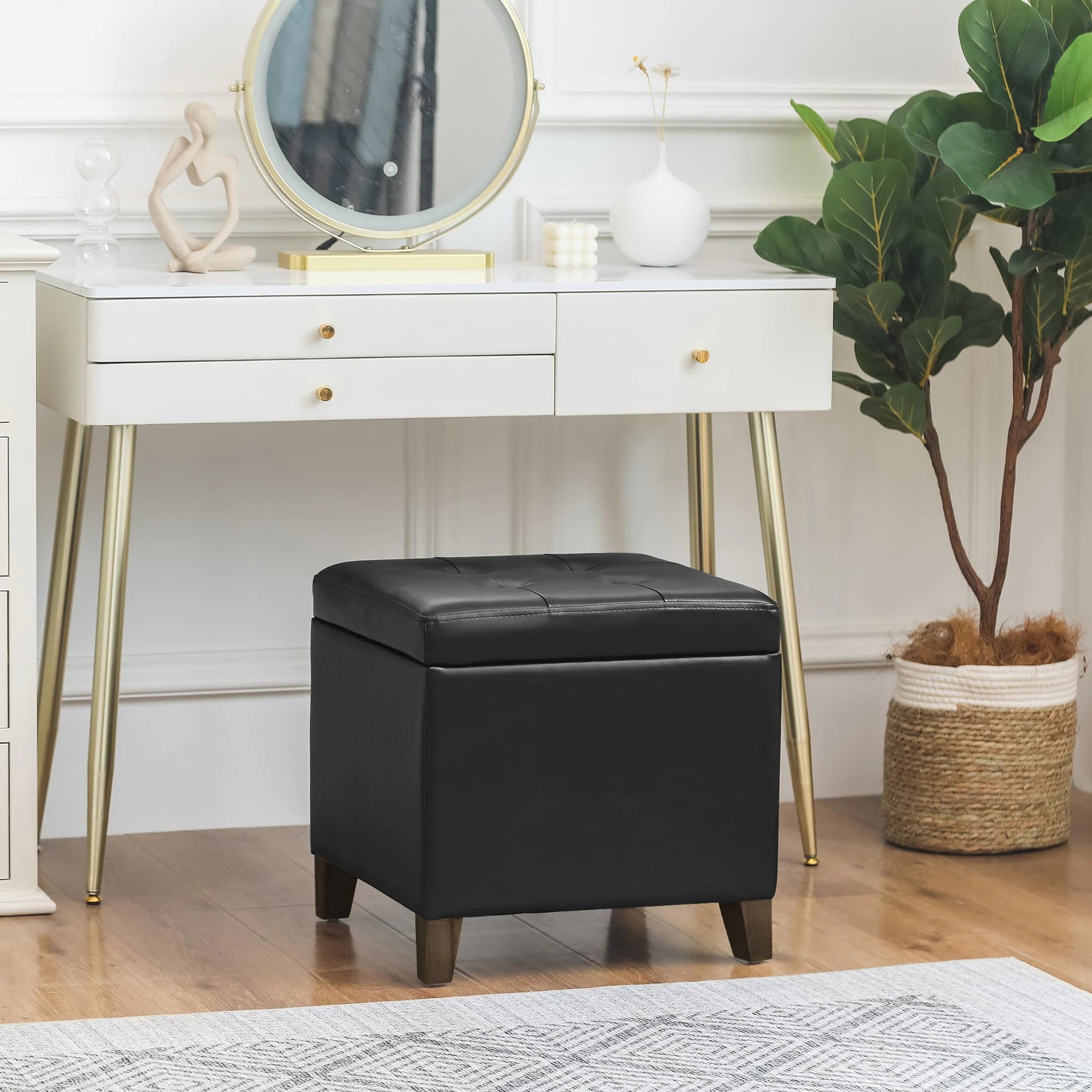 Decent Home Black With Brown Leg Faux Leather Storage Ottoman – lifestyle room view