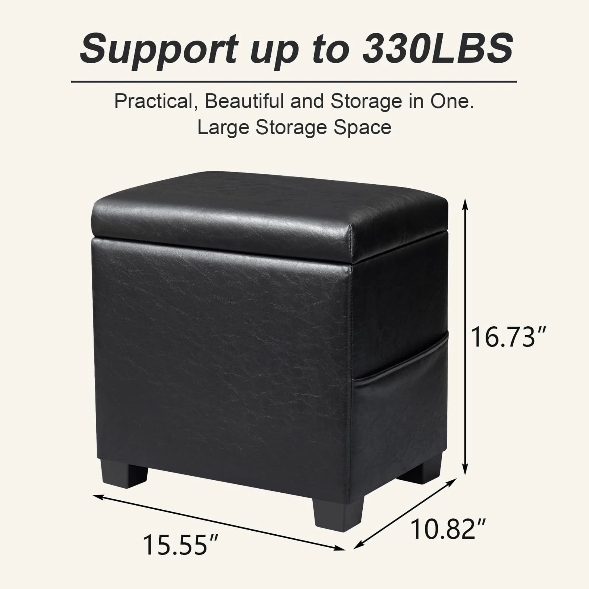 Decent Home Black With Legs Storage Ottoman with Tray & Side Pocket – dimensions chart