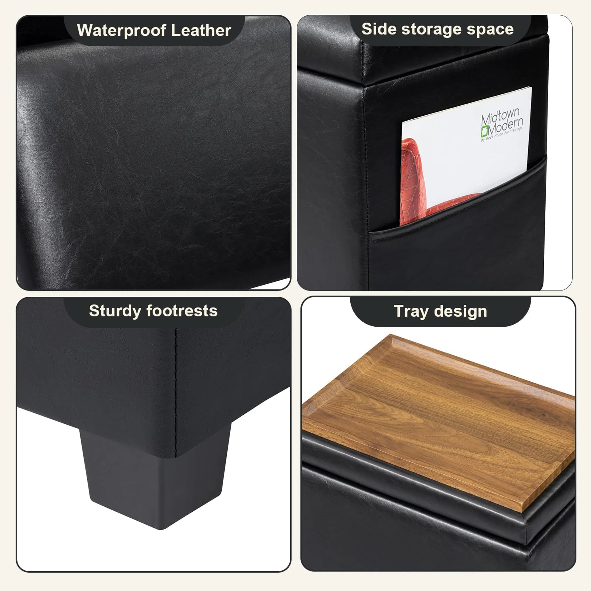 Decent Home Black With Legs Storage Ottoman with Tray & Side Pocket – detail and materials view