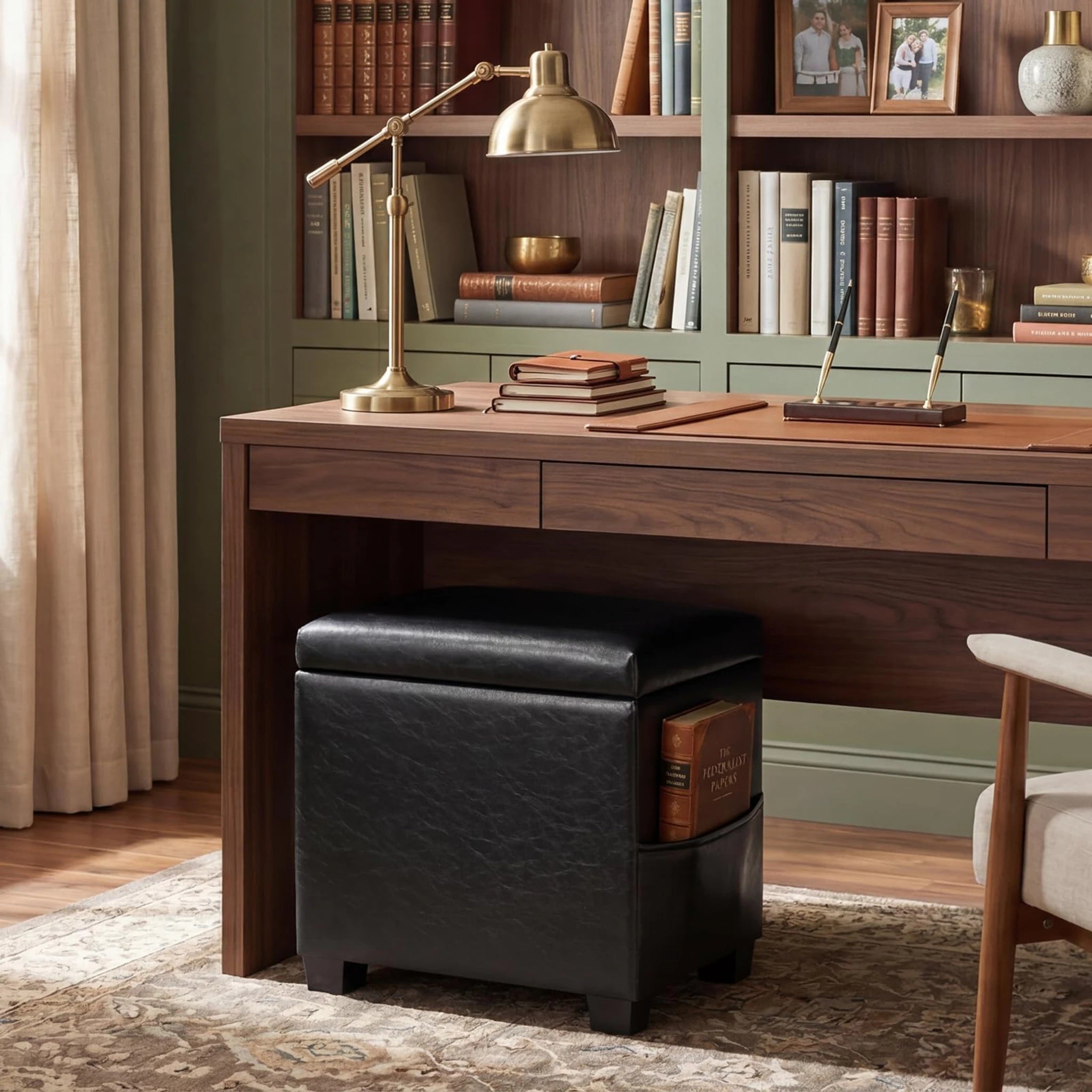 Decent Home Black With Legs Storage Ottoman with Tray & Side Pocket – lifestyle room view