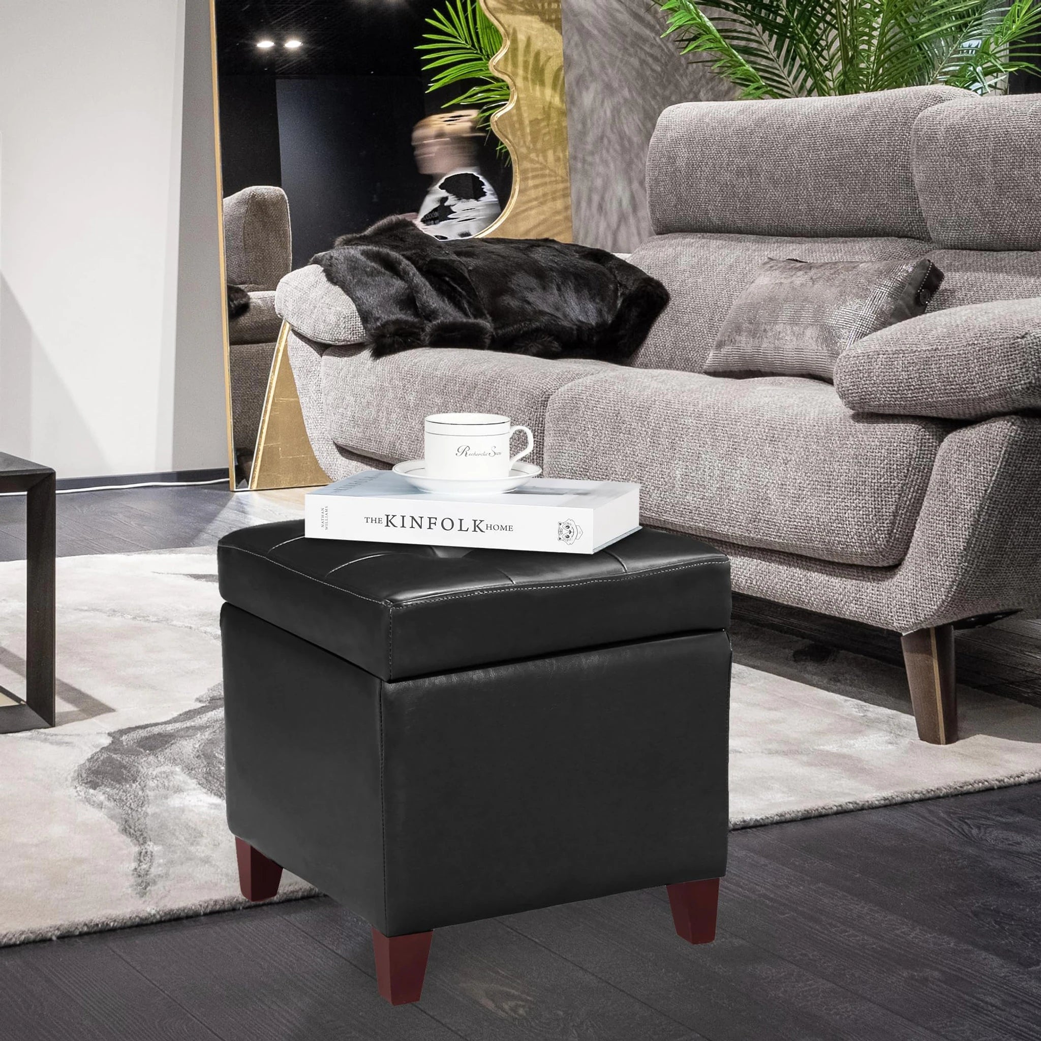 Decent Home Black With Red Brown Leg Faux Leather Storage Ottoman – lifestyle room view