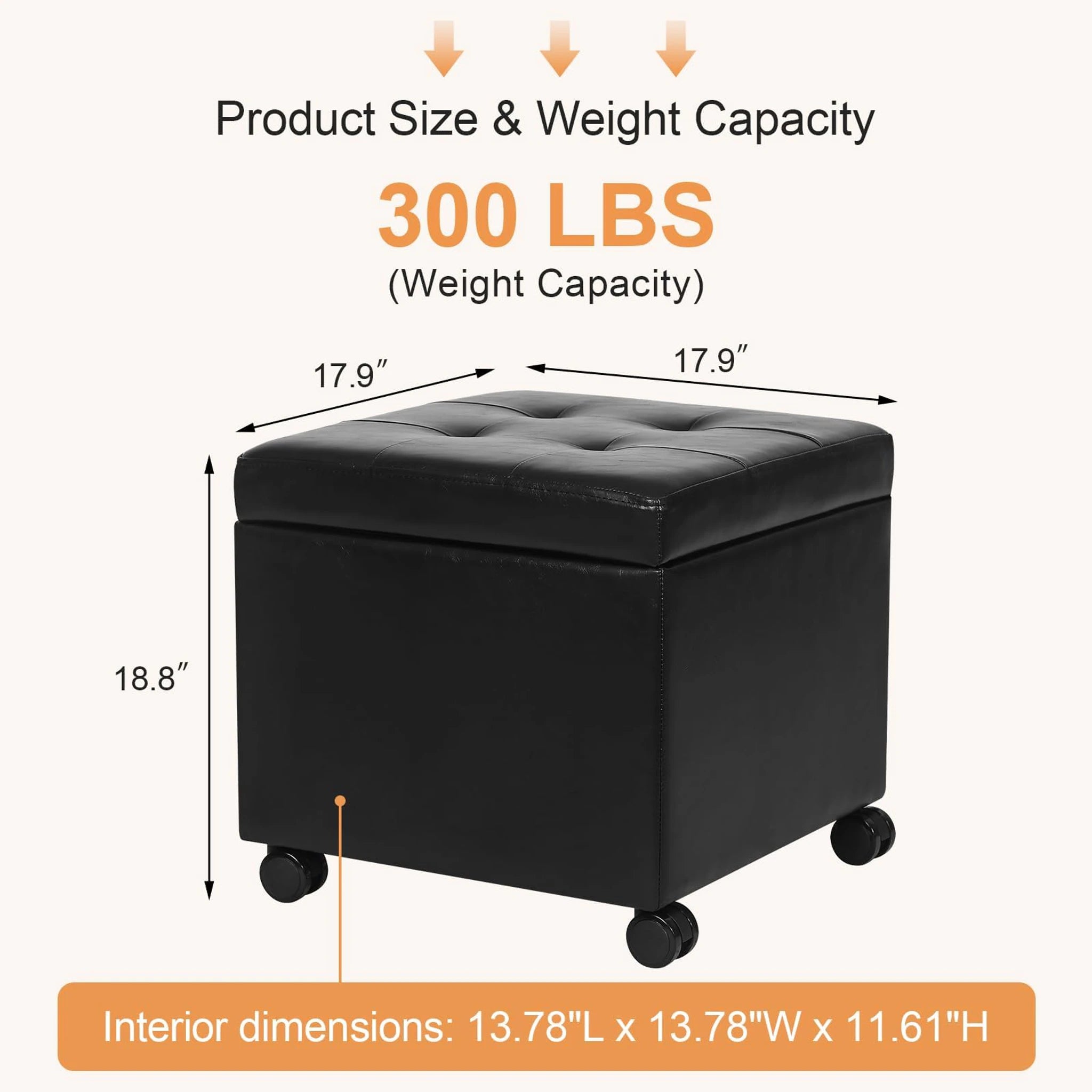Decent Home Black With Wheels Faux Leather Storage Ottoman – dimensions chart