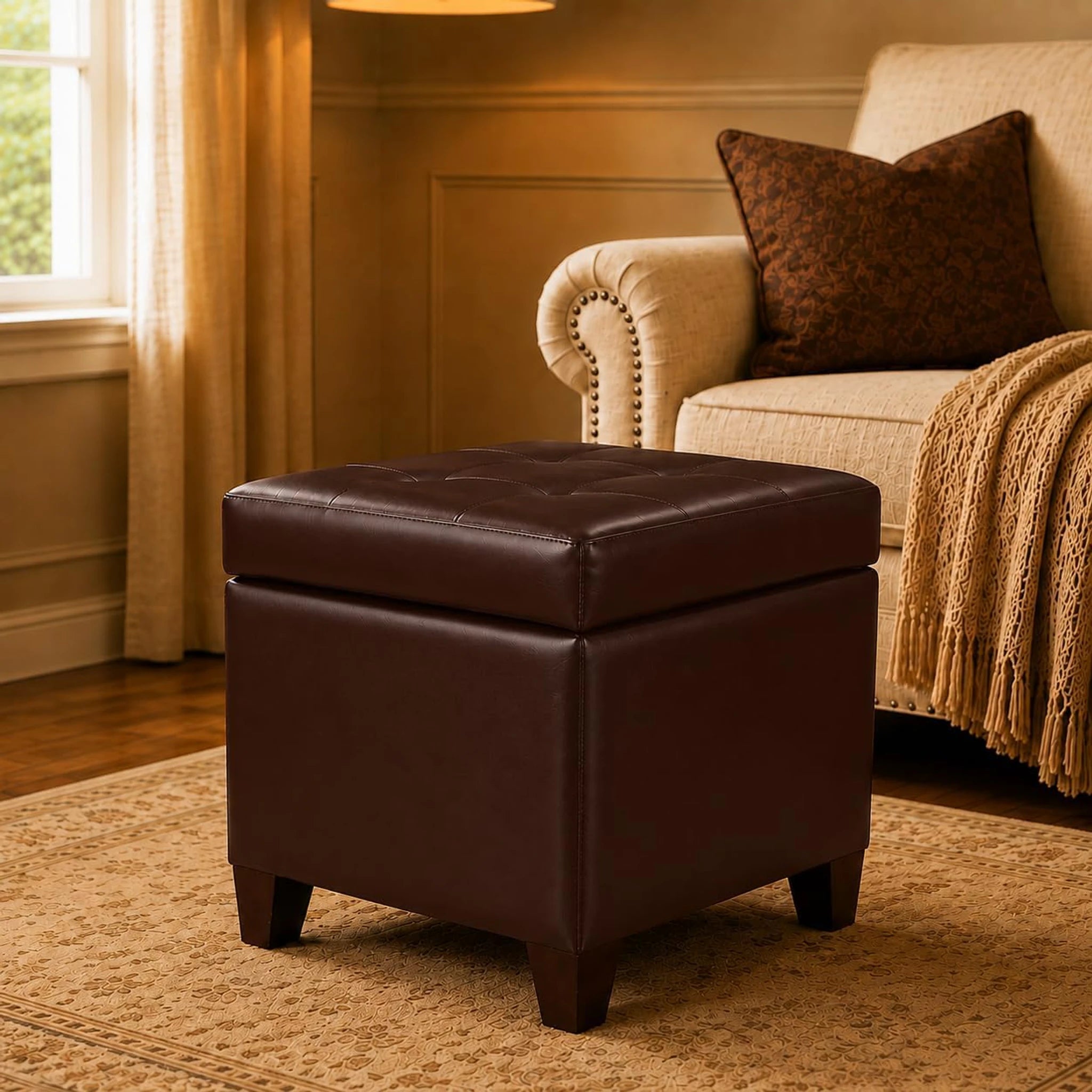 Decent Home Brown Faux Leather Storage Ottoman – styled home scene
