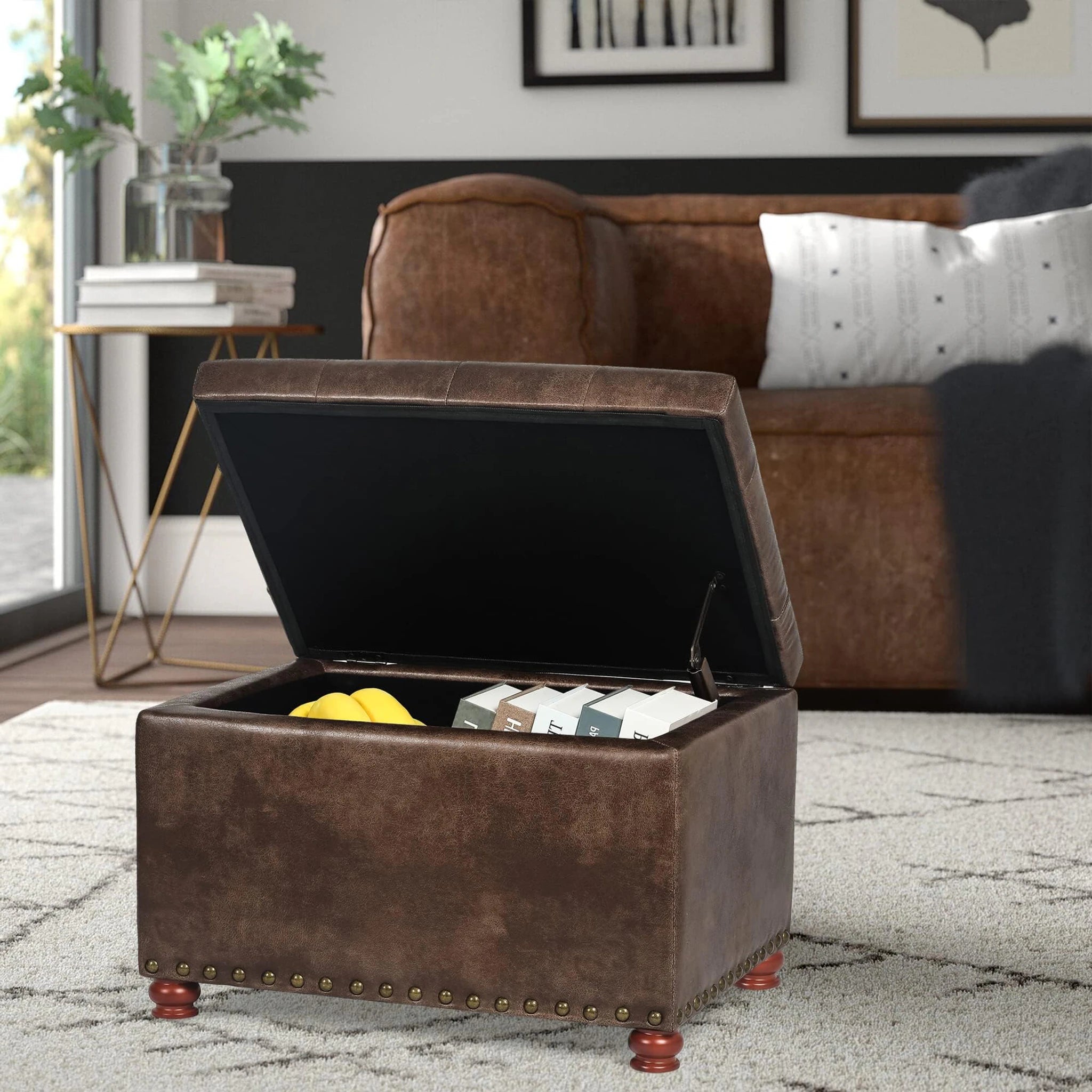 Decent Home Brown Tufted Fabric Storage Ottoman – lifestyle room view