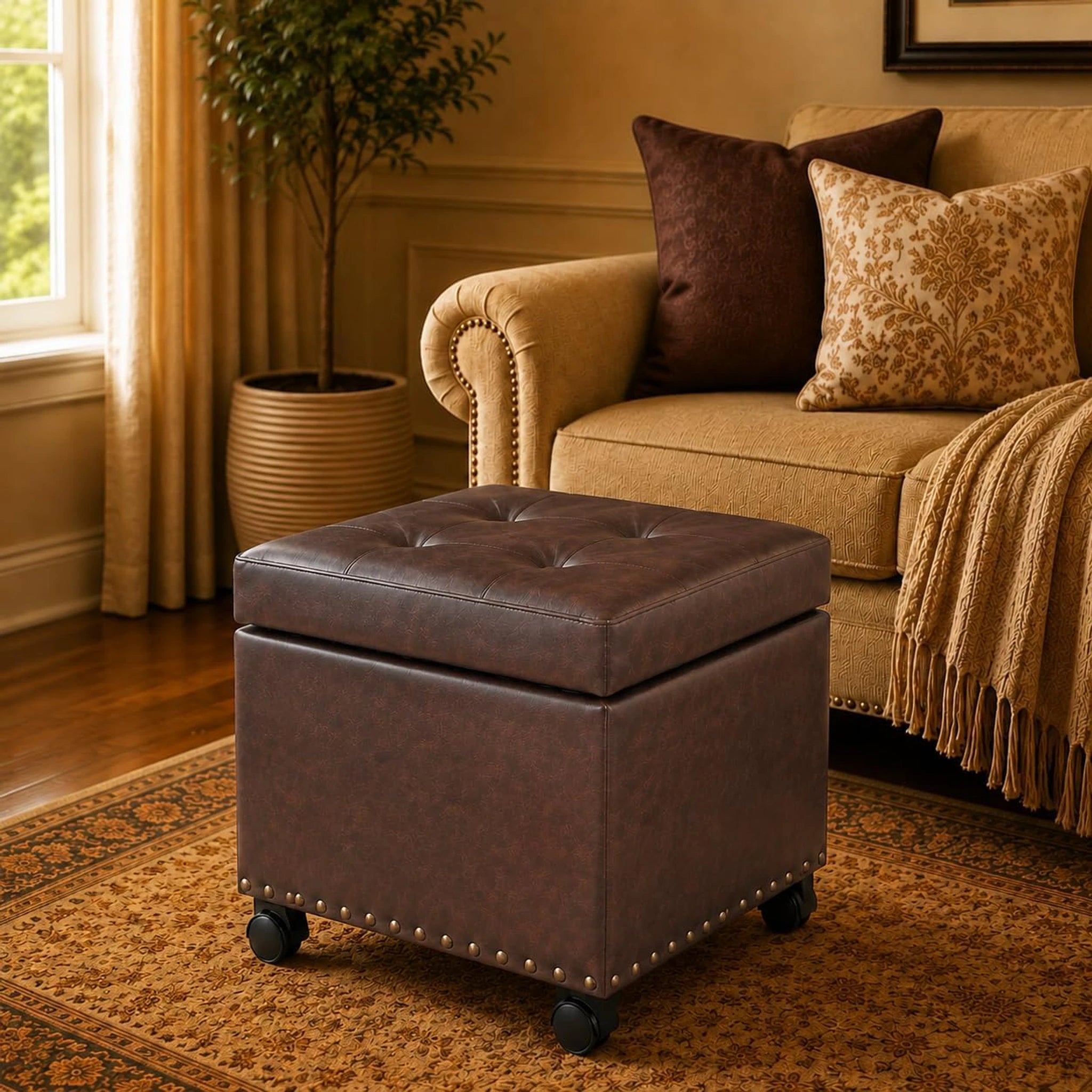 Decent Home Brown With Wheels Faux Leather Storage Ottoman – styled home scene
