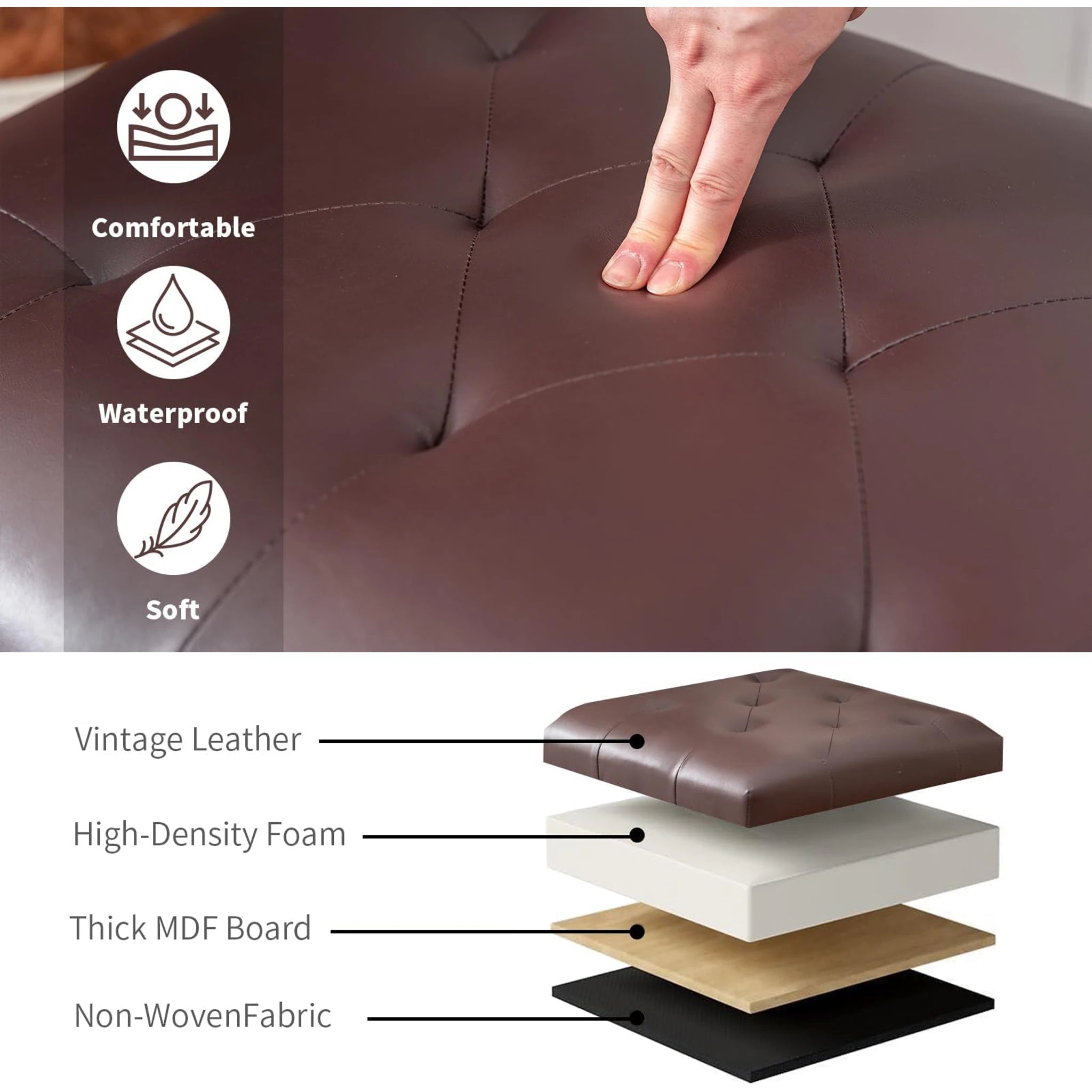 Decent Home Classic Brown Faux Leather Storage Ottoman – detail and materials view