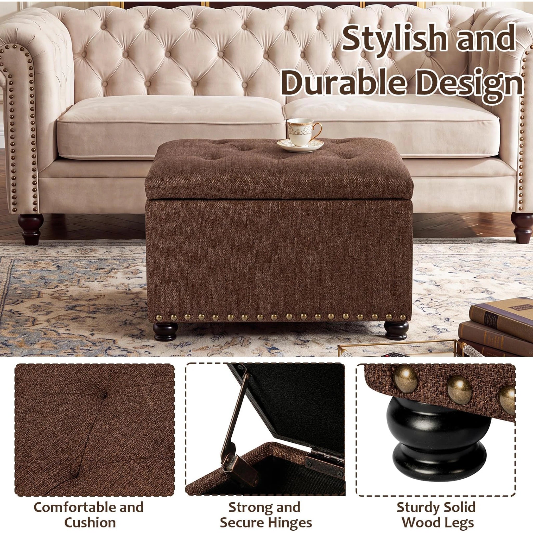 Decent Home Coffee Brown Fabric Storage Ottoman – detail and materials view
