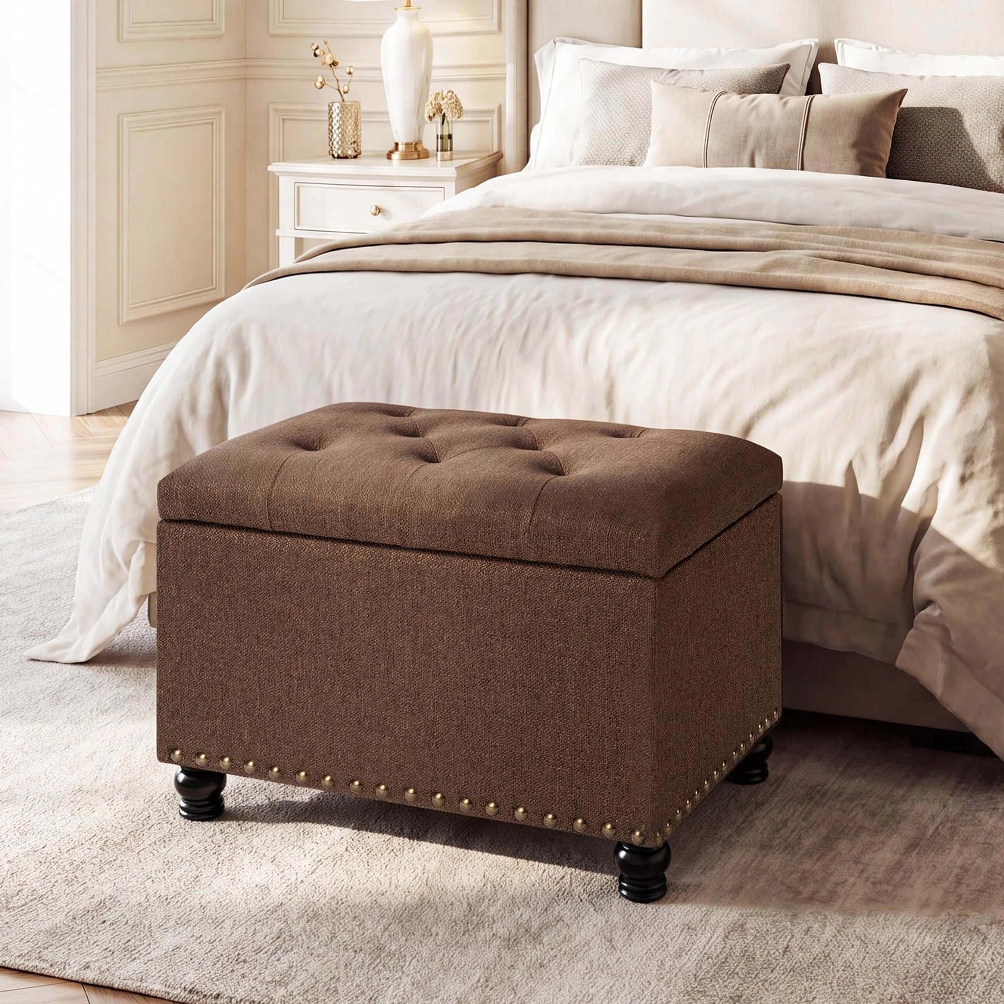 Decent Home Coffee Brown Fabric Storage Ottoman – lifestyle room view