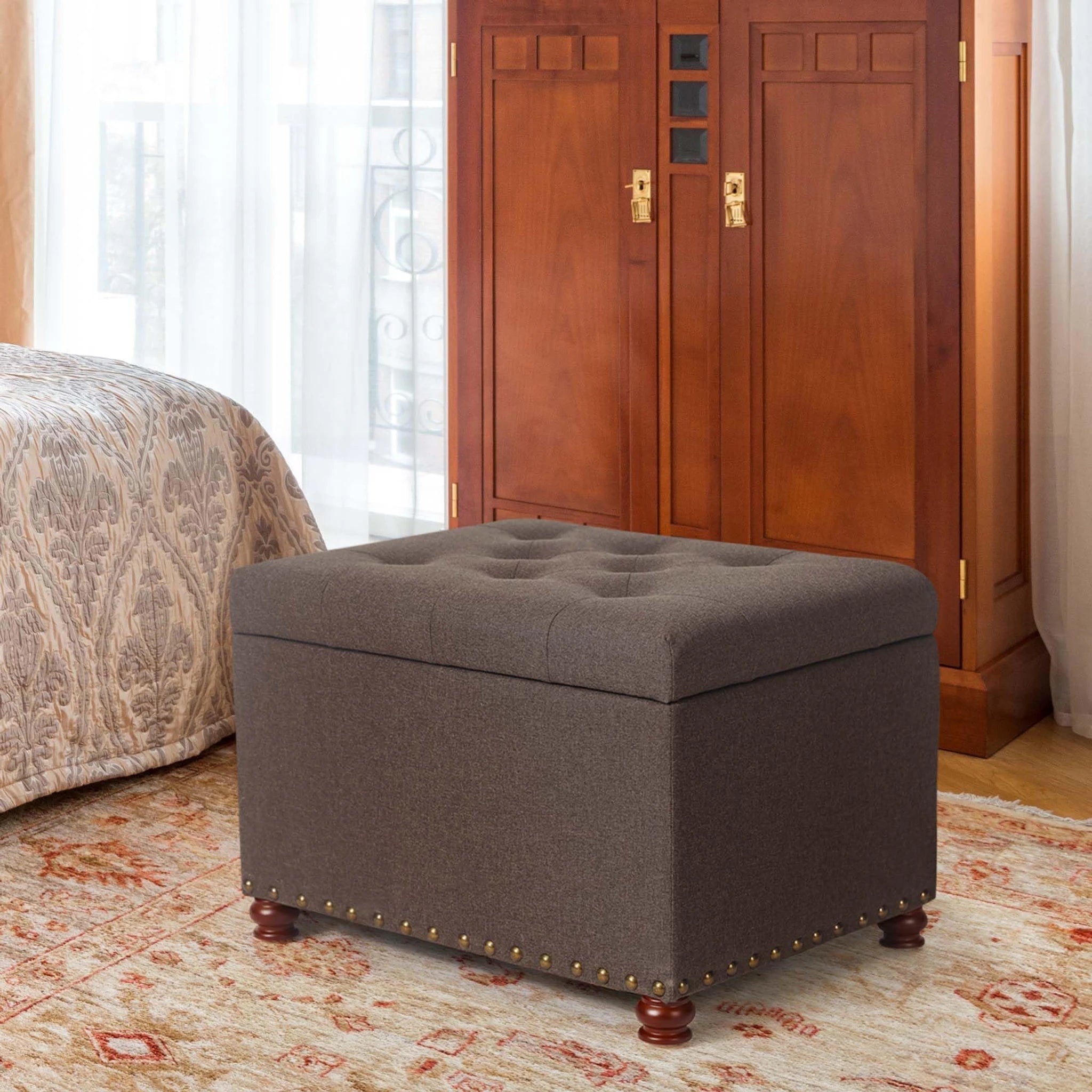 Decent Home Coffee Tufted Linen Storage Ottoman – lifestyle room view