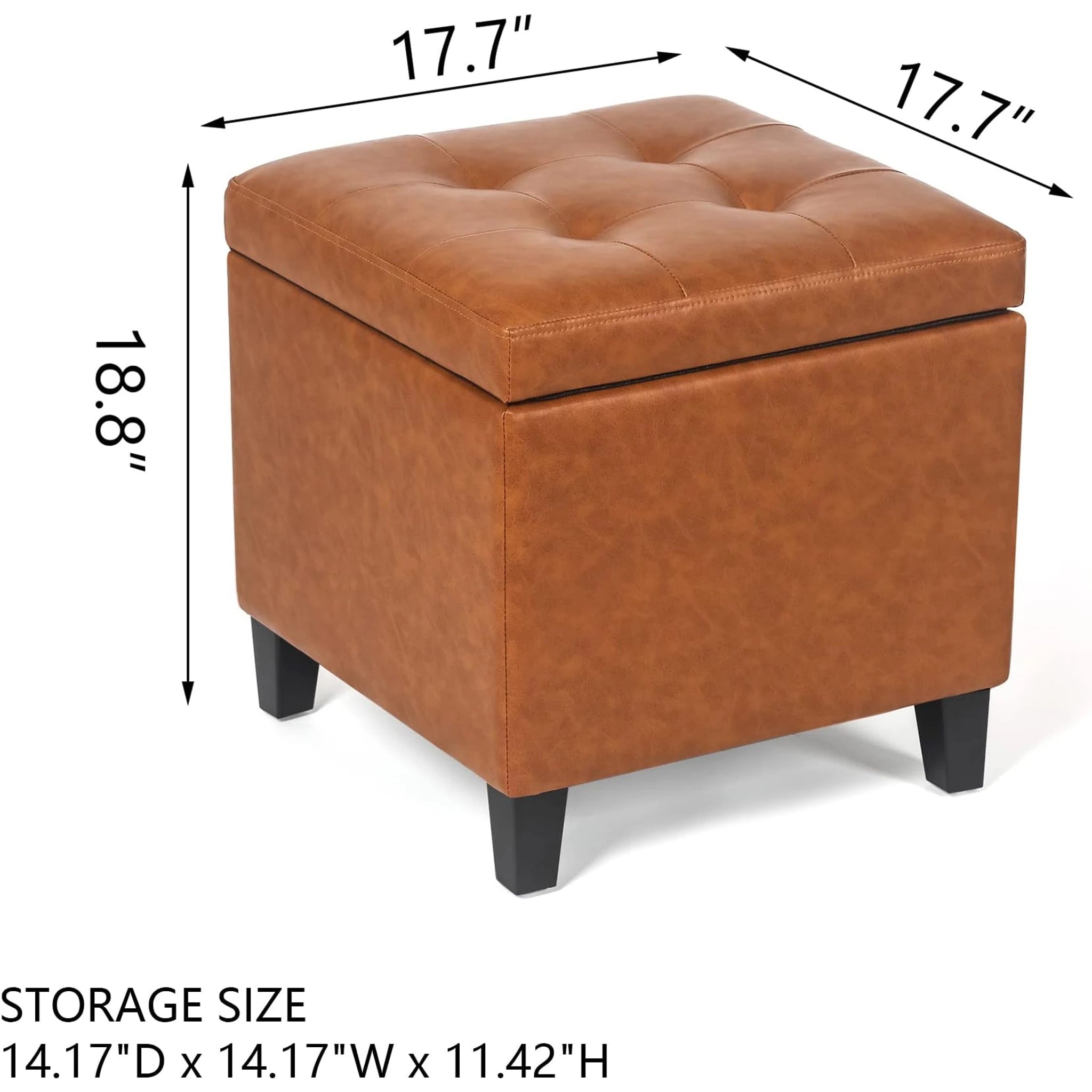 Decent Home Cognac Brown Faux Leather Storage Ottoman – dimensions chart