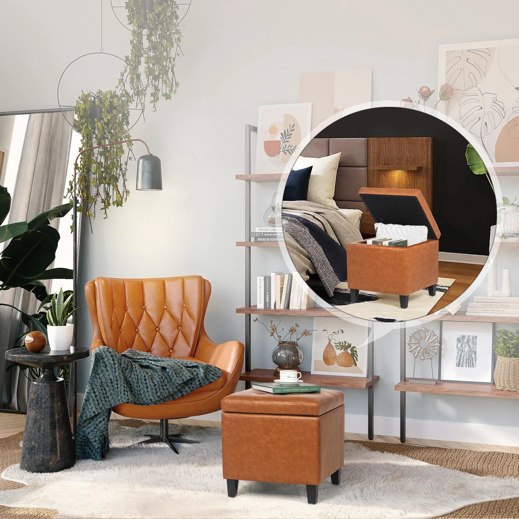 Decent Home Cognac Brown Faux Leather Storage Ottoman – lifestyle room view