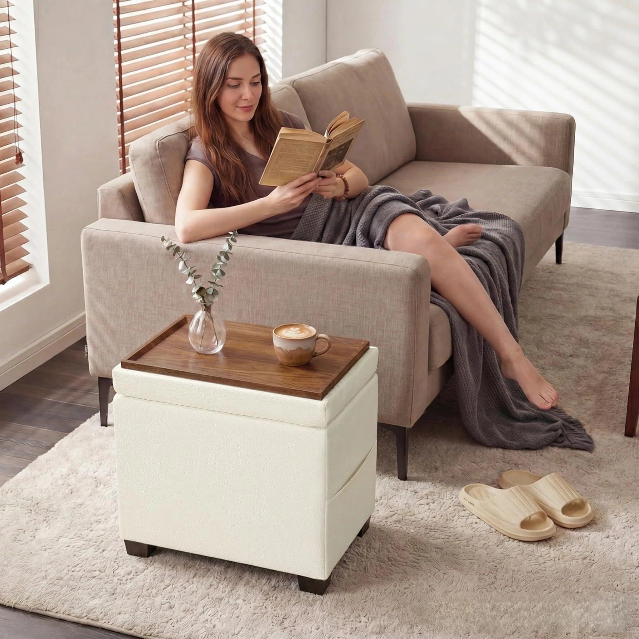 Decent Home Cream Storage Ottoman with Tray & Side Pocket – styled home scene