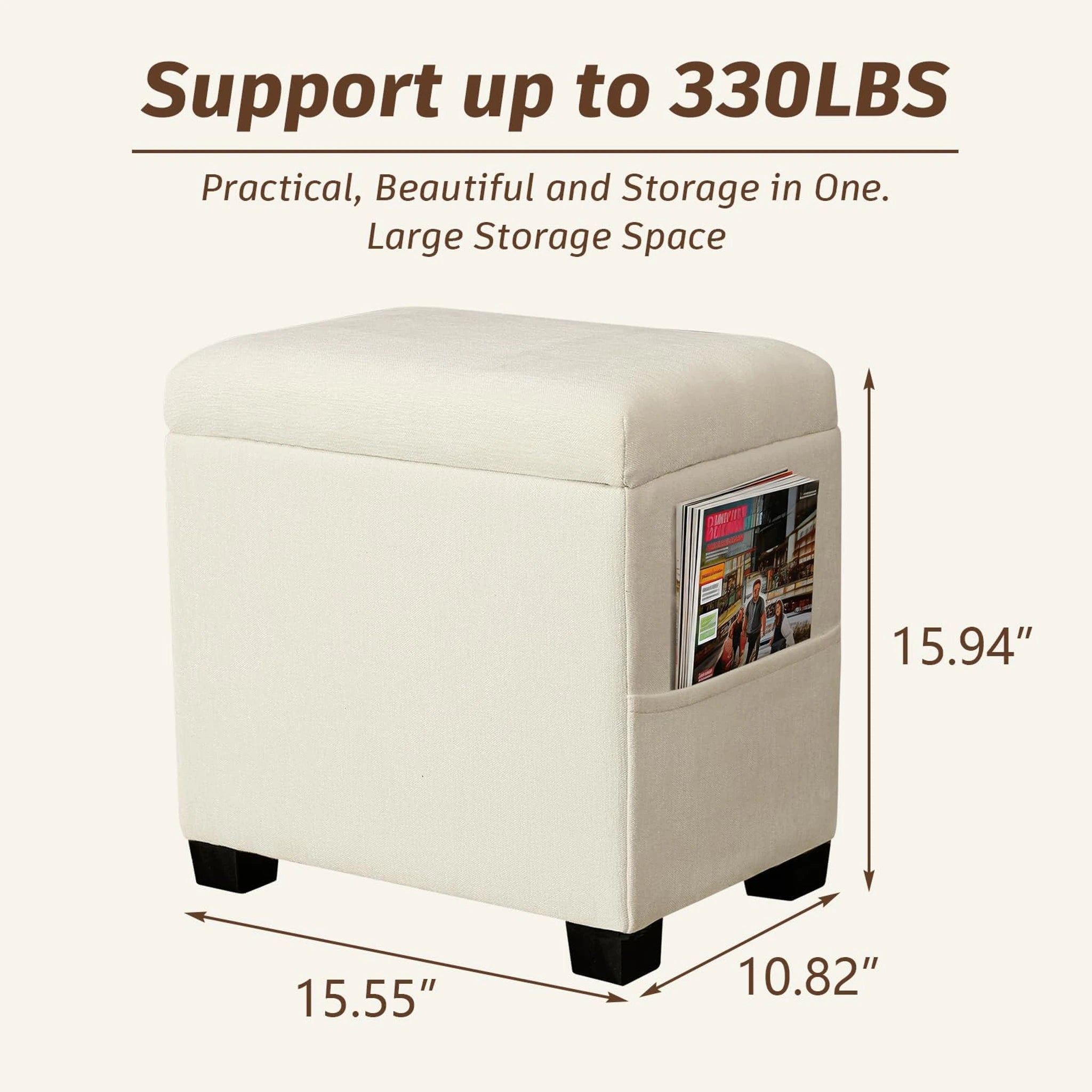 Decent Home Cream Storage Ottoman with Tray & Side Pocket – dimensions chart