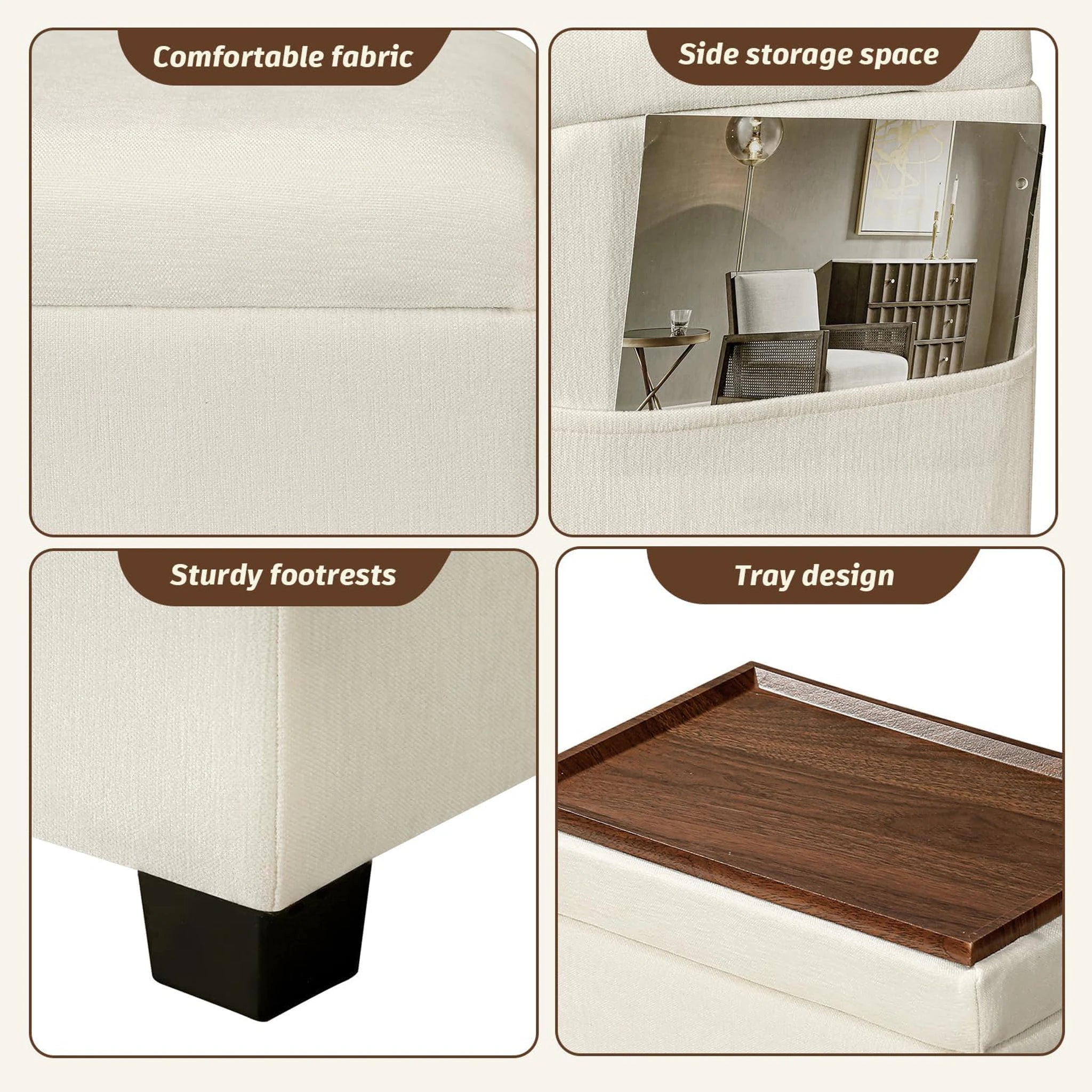 Decent Home Cream Storage Ottoman with Tray & Side Pocket – detail and materials view