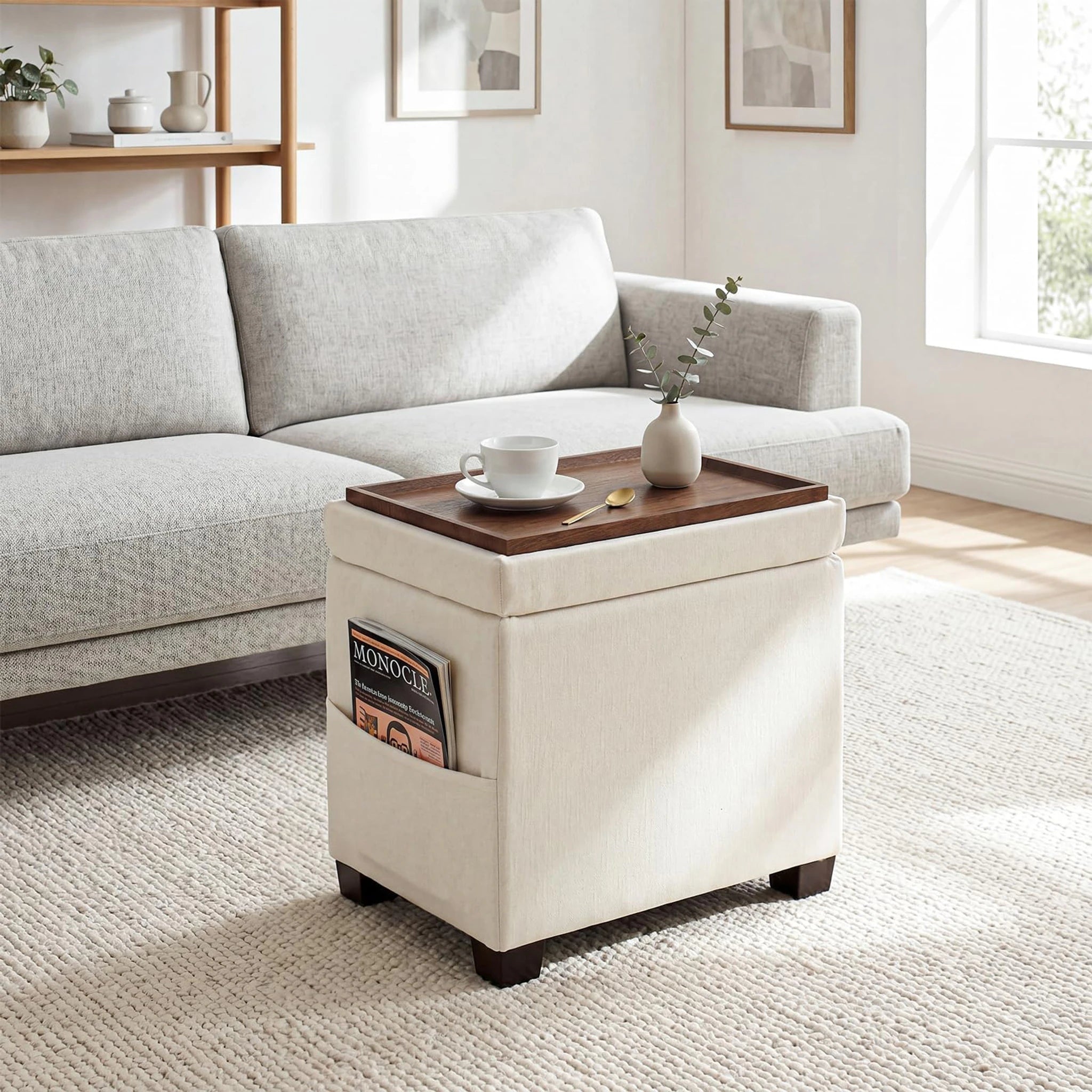 Decent Home Cream Storage Ottoman with Tray & Side Pocket – lifestyle room view