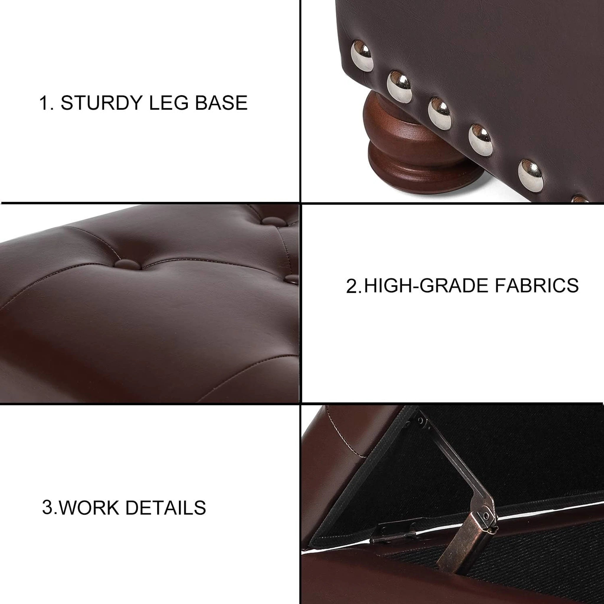 Decent Home Dark Brown Faux Leather Storage Ottoman – detail and materials view