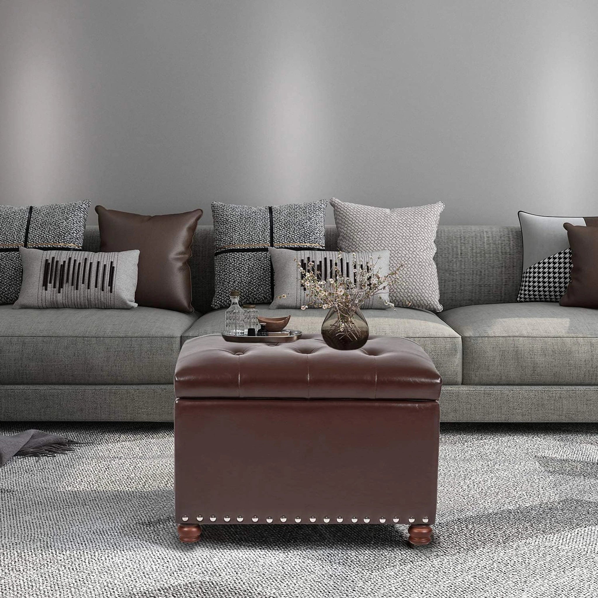 Decent Home Dark Brown Faux Leather Storage Ottoman – lifestyle room view