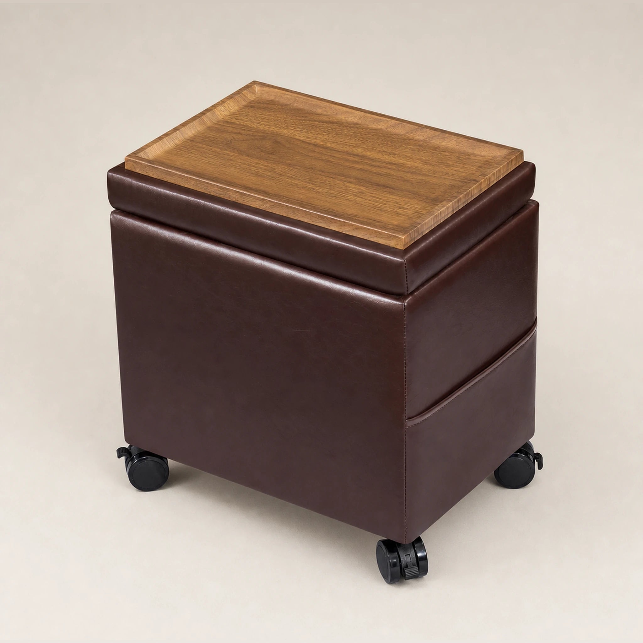 Decent Home Dark Brown With Wheels Faux Leather storage ottoman – studio front view#Color_Dark Brown With Wheels