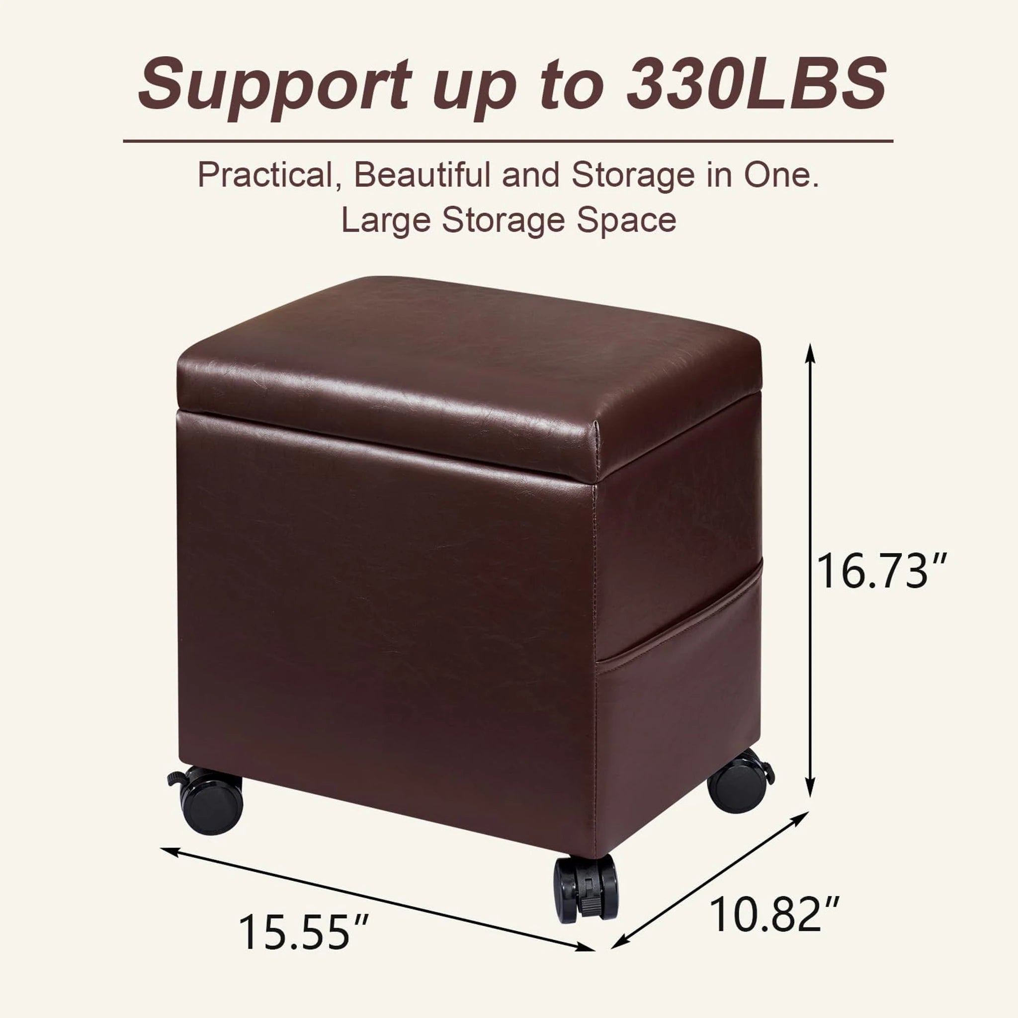 Decent Home Dark Brown With Wheels Storage Ottoman with Tray & Side Pocket – dimensions chart