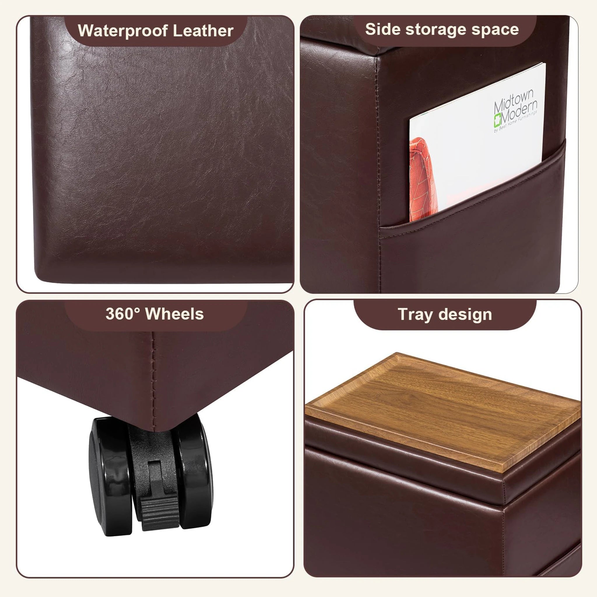 Decent Home Dark Brown With Wheels Storage Ottoman with Tray & Side Pocket – detail and materials view