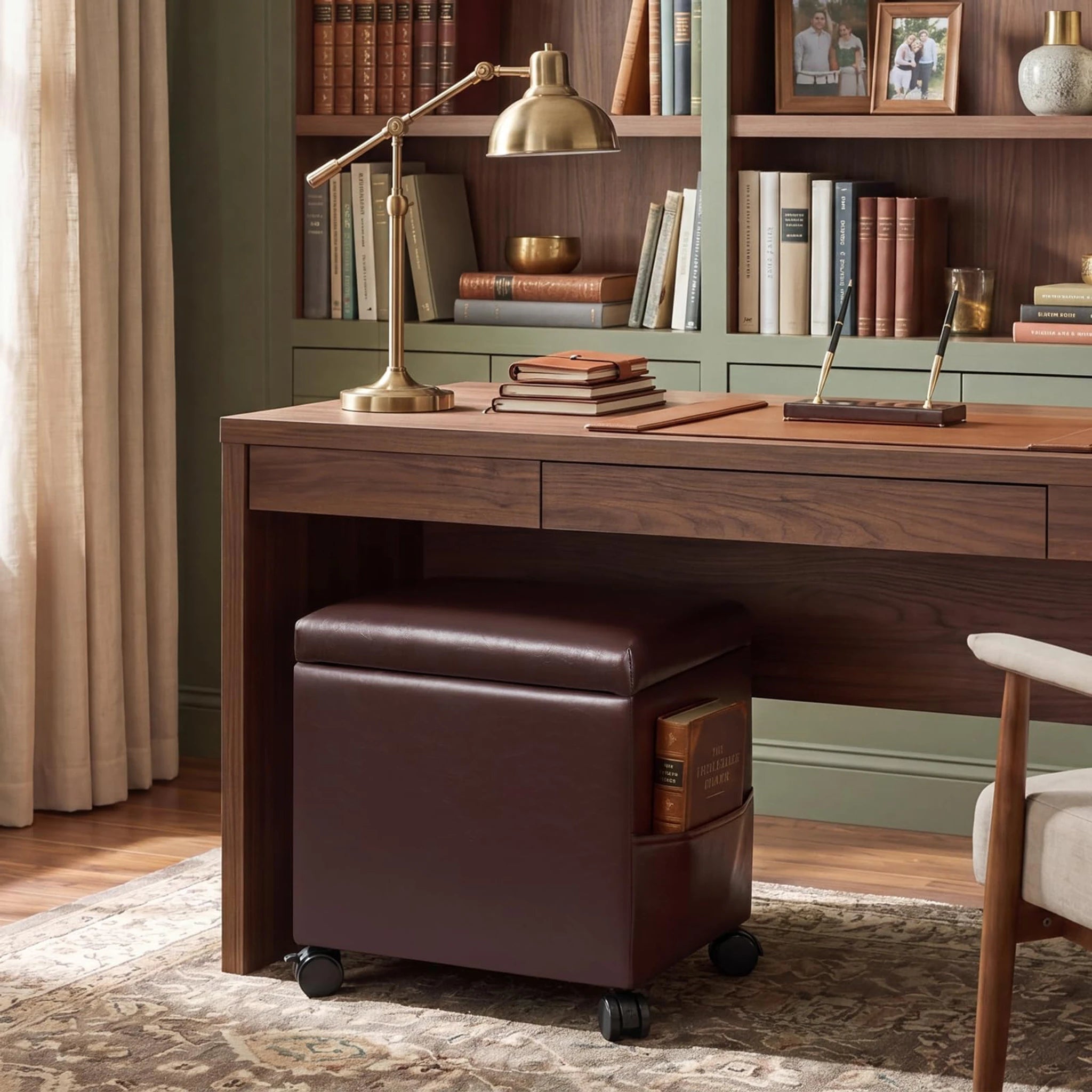 Decent Home Dark Brown With Wheels Storage Ottoman with Tray & Side Pocket – lifestyle room view
