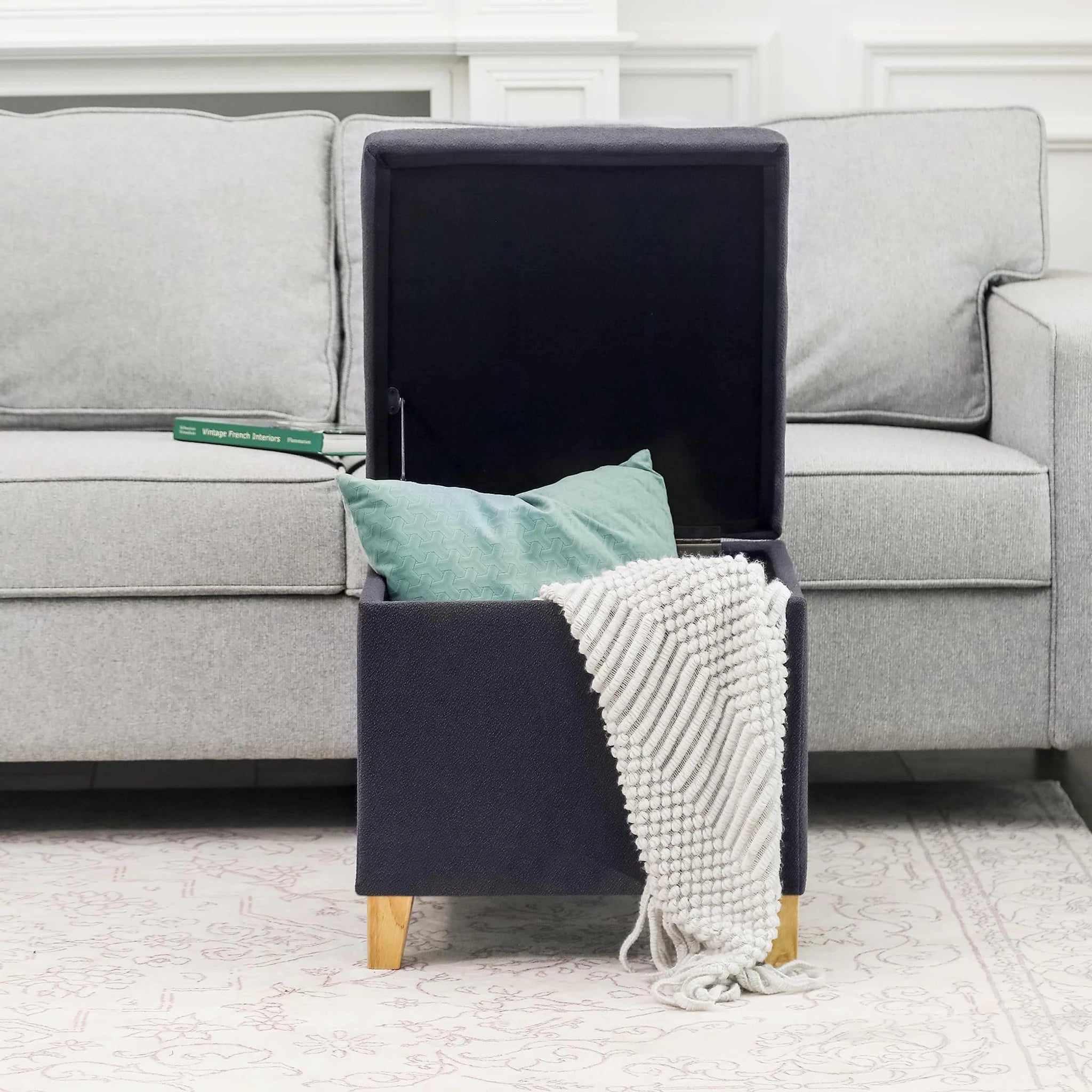 Decent Home Dark Gray Tufted Fabric Storage Ottoman – detail and materials view