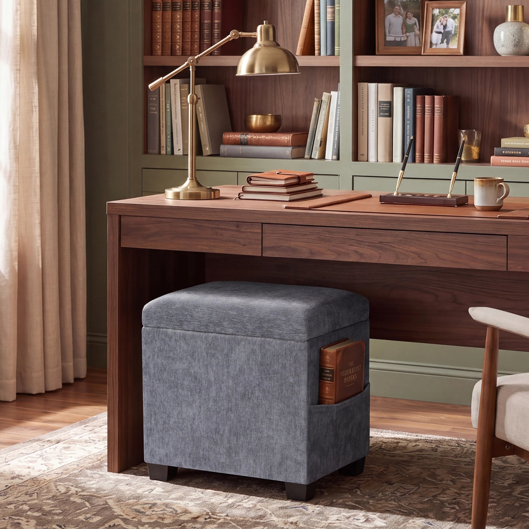 Decent Home Gray With Legs Storage Ottoman with Tray & Side Pocket – styled home scene