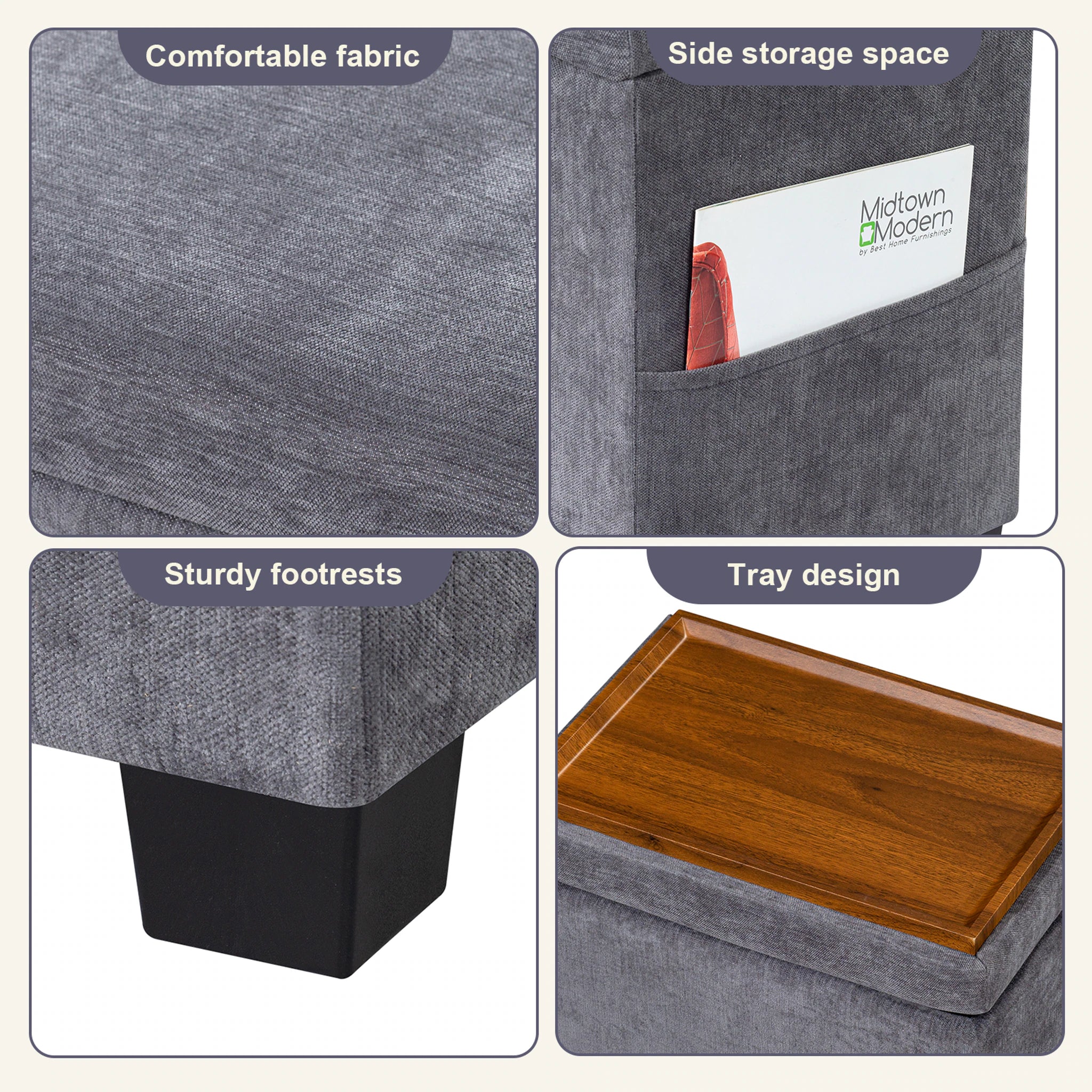 Decent Home Gray With Legs Storage Ottoman with Tray & Side Pocket – product view