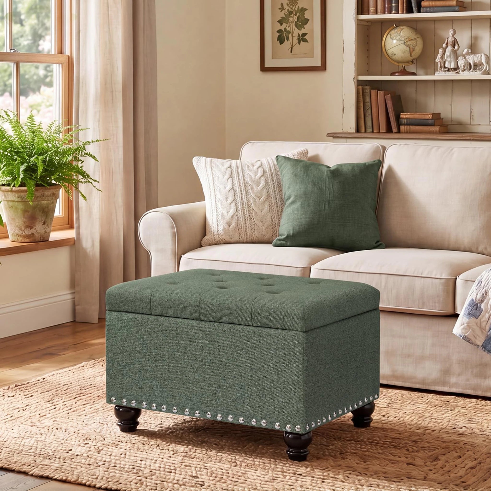 Decent Home Green Tufted Fabric Storage Ottoman – styled home scene