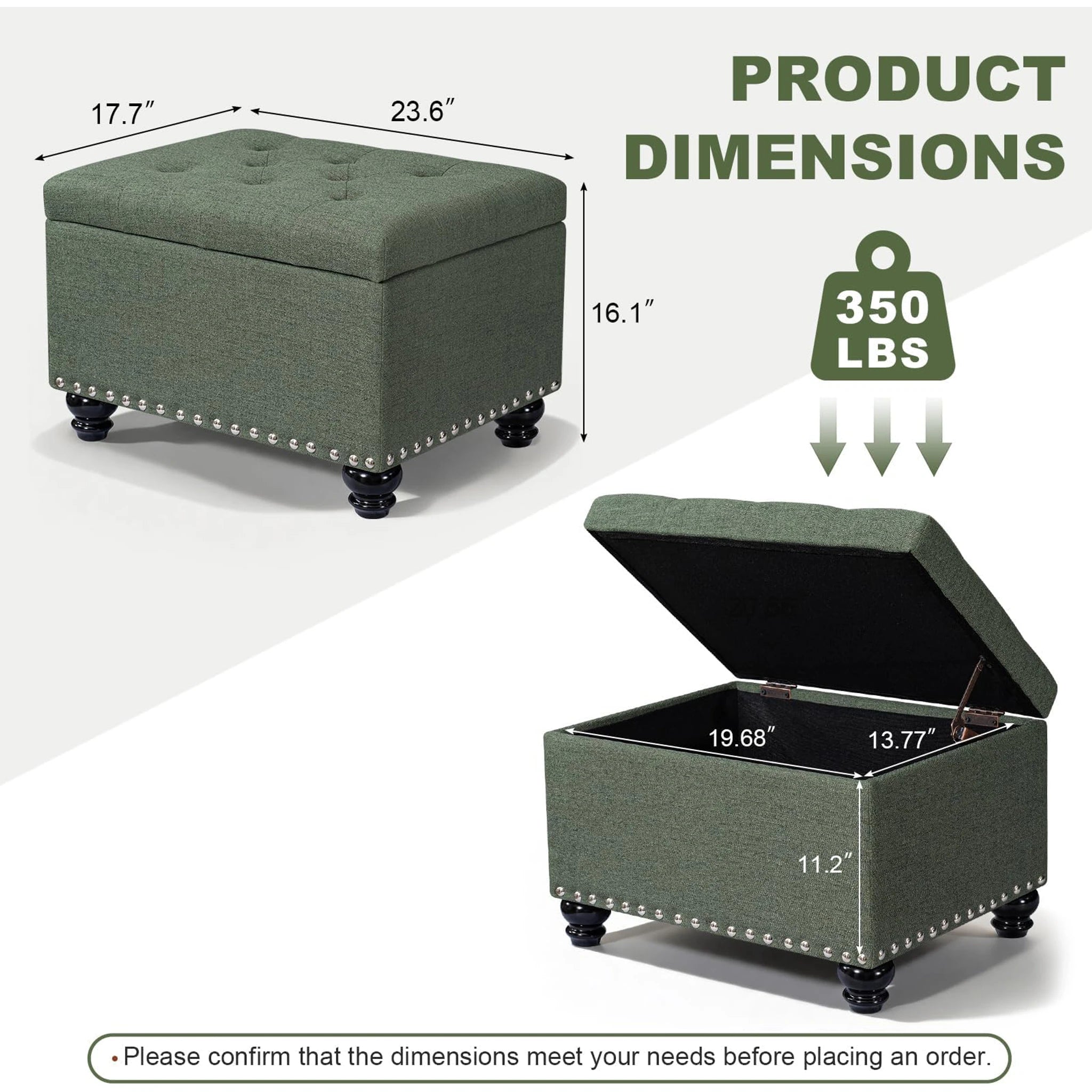 Decent Home Green Tufted Fabric Storage Ottoman – dimensions chart
