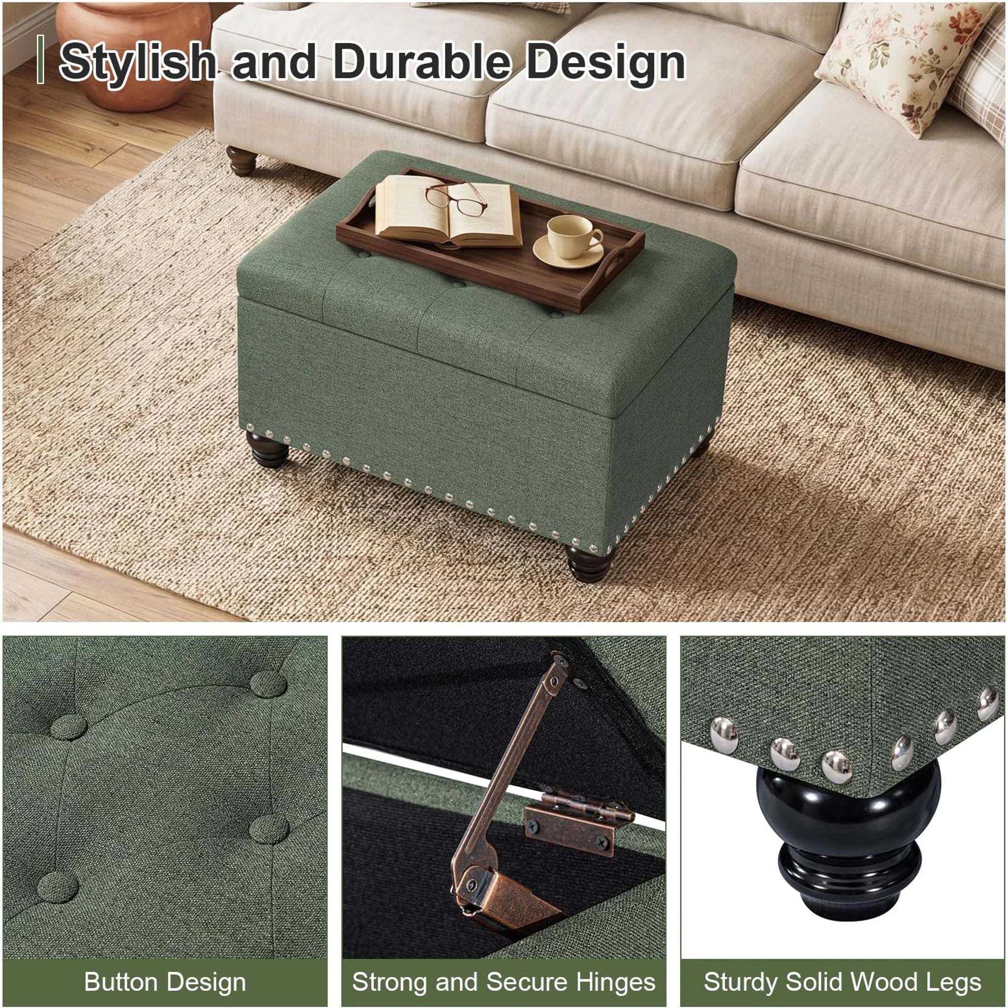 Decent Home Green Tufted Fabric Storage Ottoman – detail and materials view
