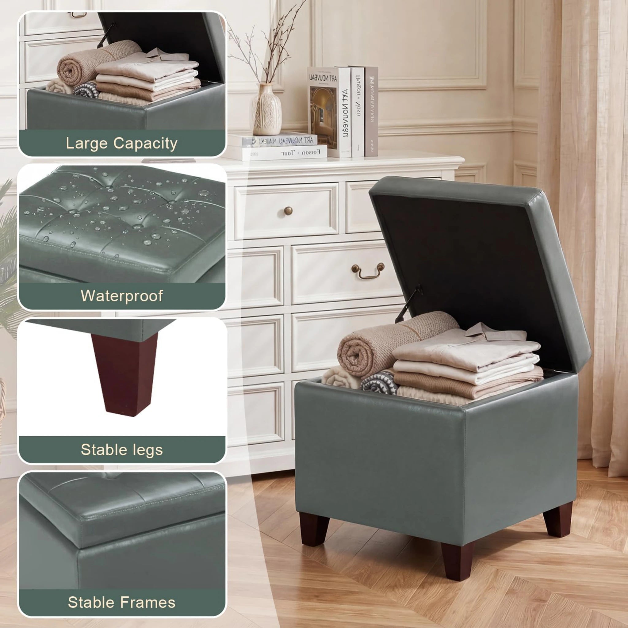 Decent Home Grey Cement Faux Leather Storage Ottoman – detail and materials view