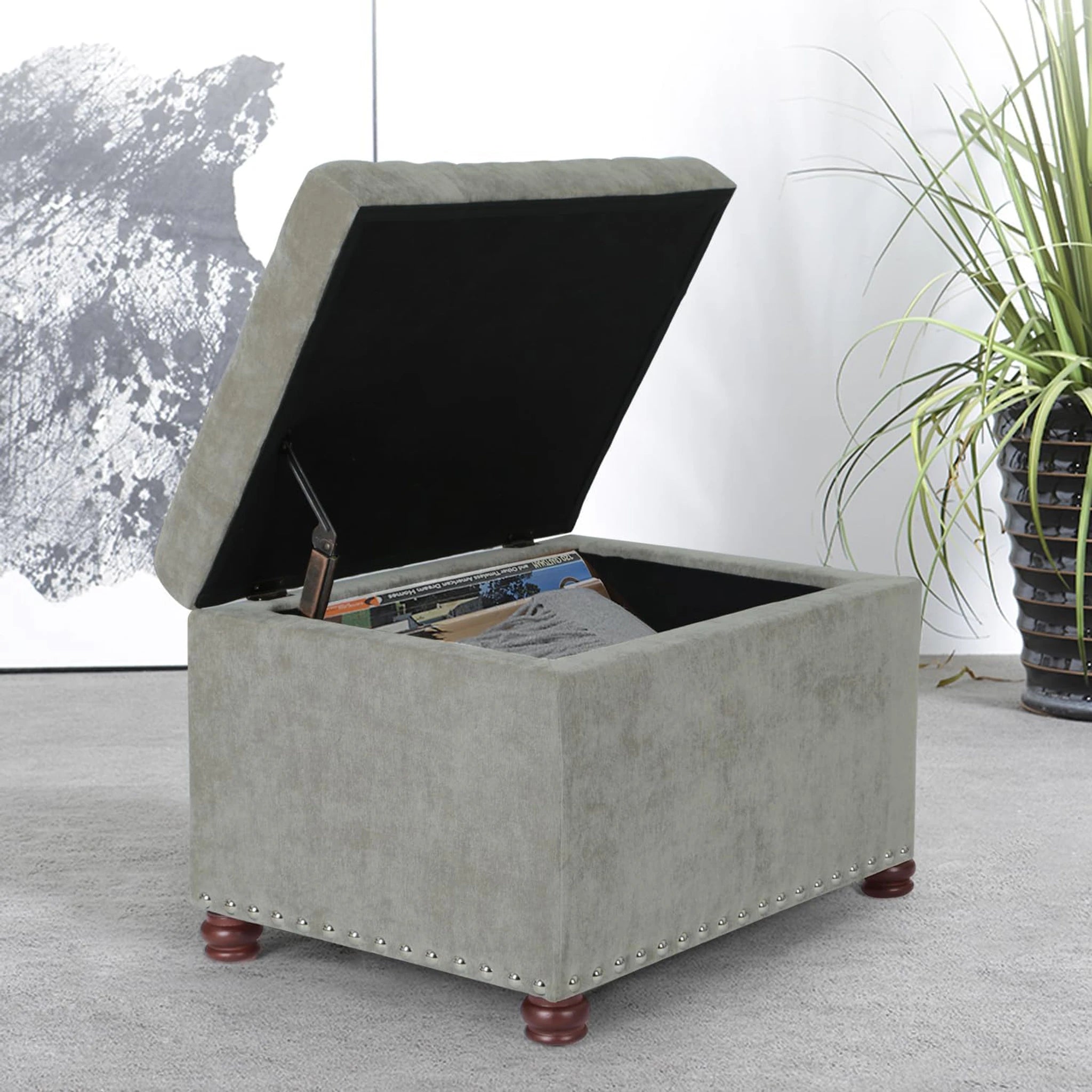 Decent Home Light Gray Fabric Storage Ottoman – lifestyle room view