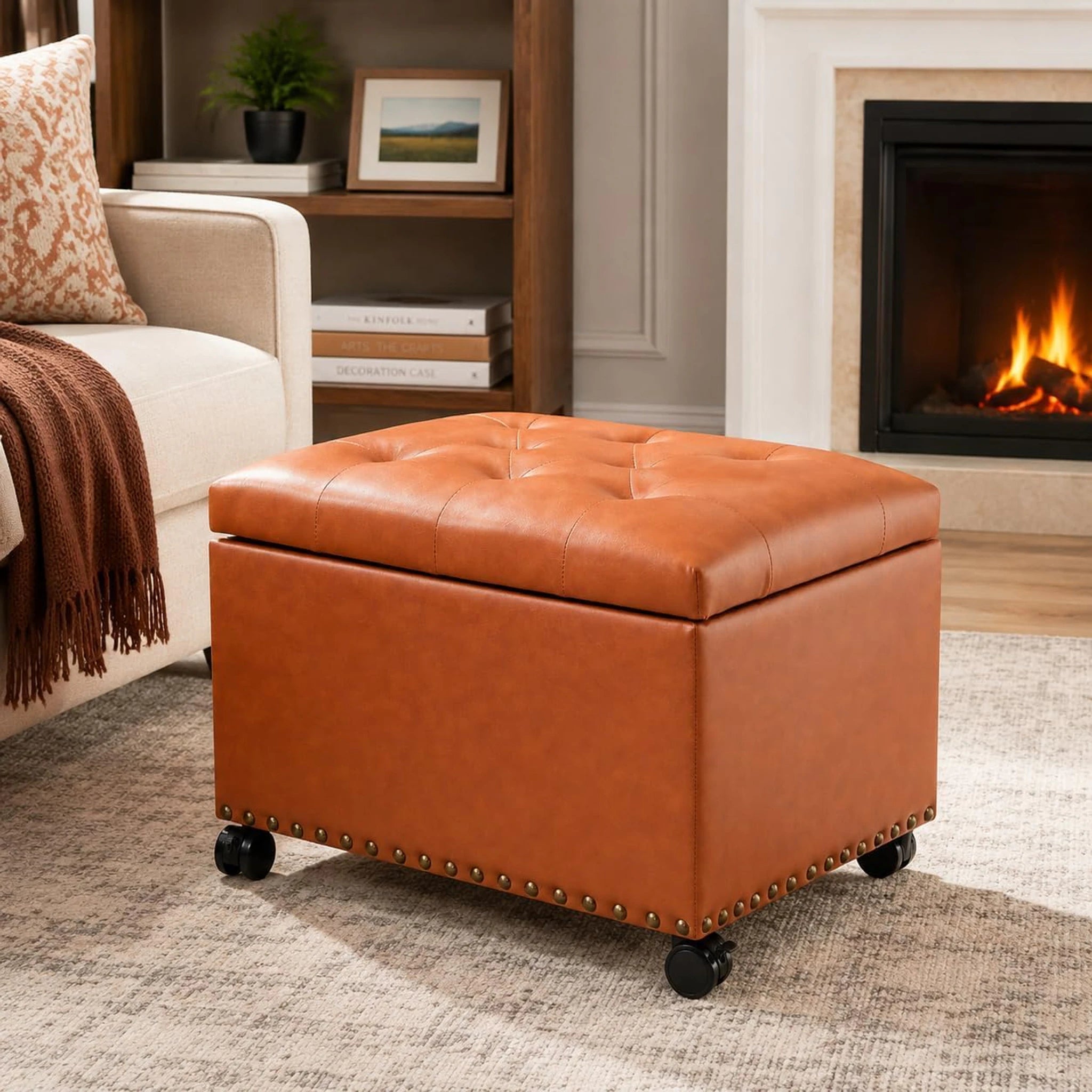 Decent Home Orange Brown Rolling Faux Leather Storage Ottoman – styled home scene