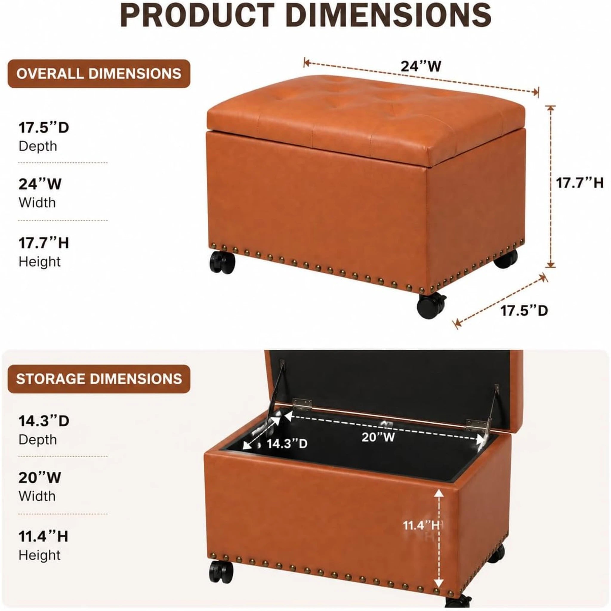 Decent Home Orange Brown Rolling Faux Leather Storage Ottoman – dimensions chart