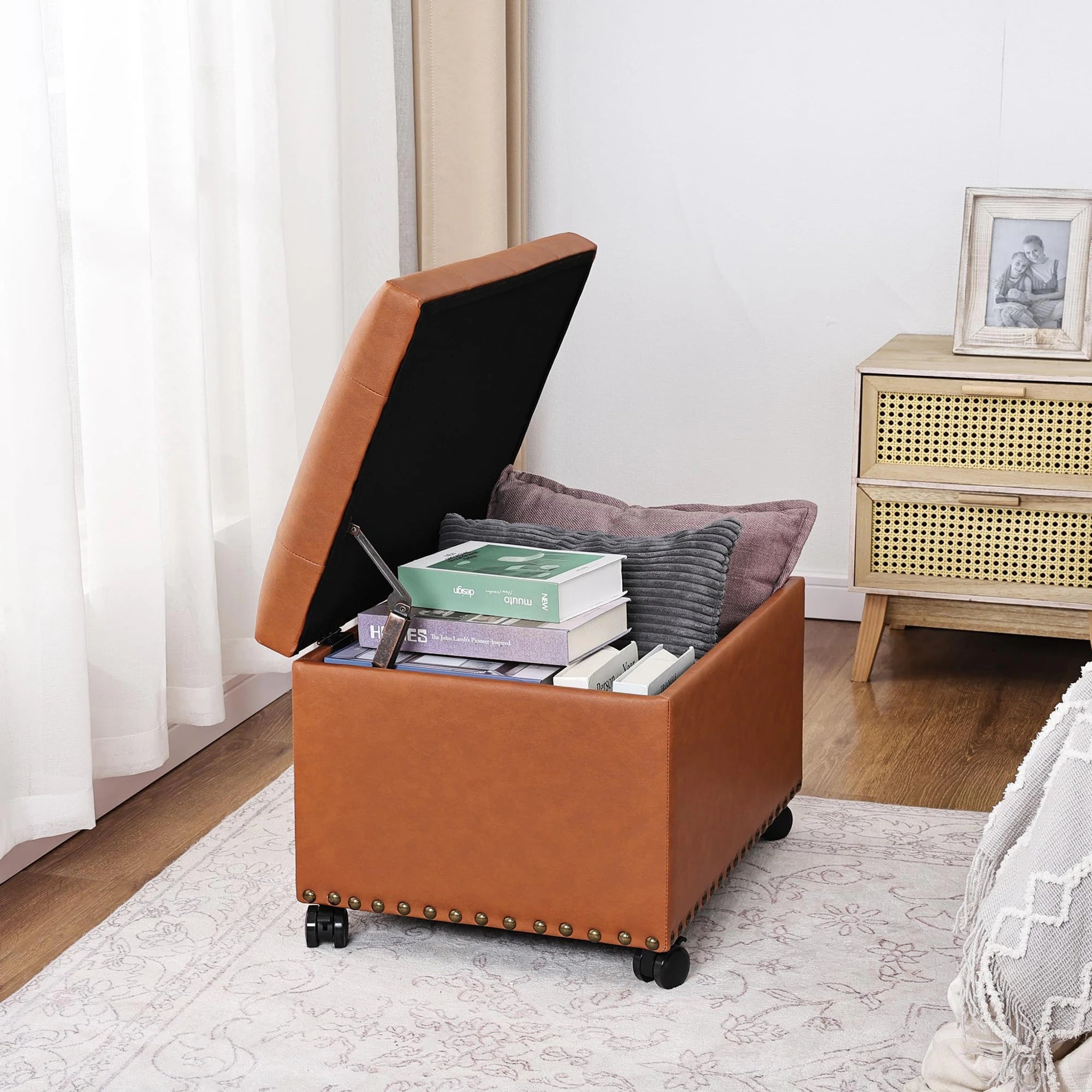 Decent Home Orange Brown Rolling Faux Leather Storage Ottoman – detail and materials view