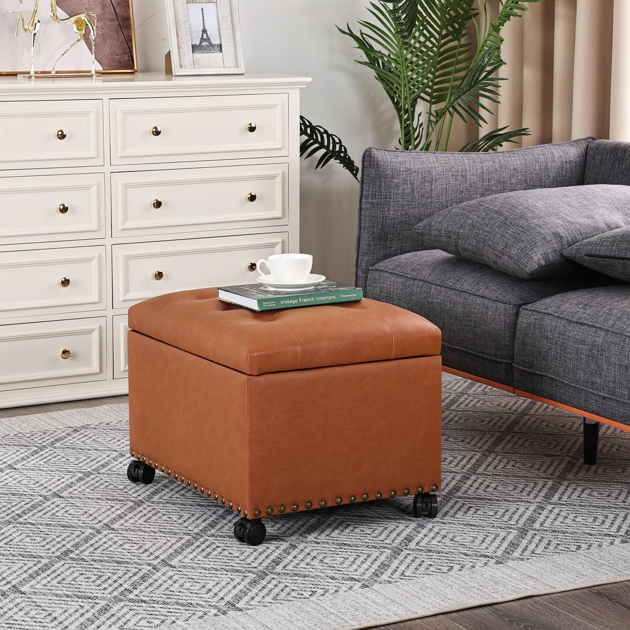 Decent Home Orange Brown Rolling Faux Leather Storage Ottoman – lifestyle room view