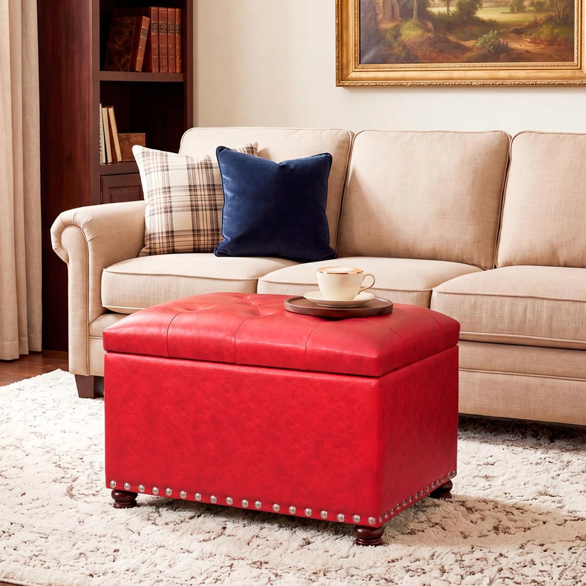 Decent Home Red Faux Leather Storage Ottoman – styled home scene