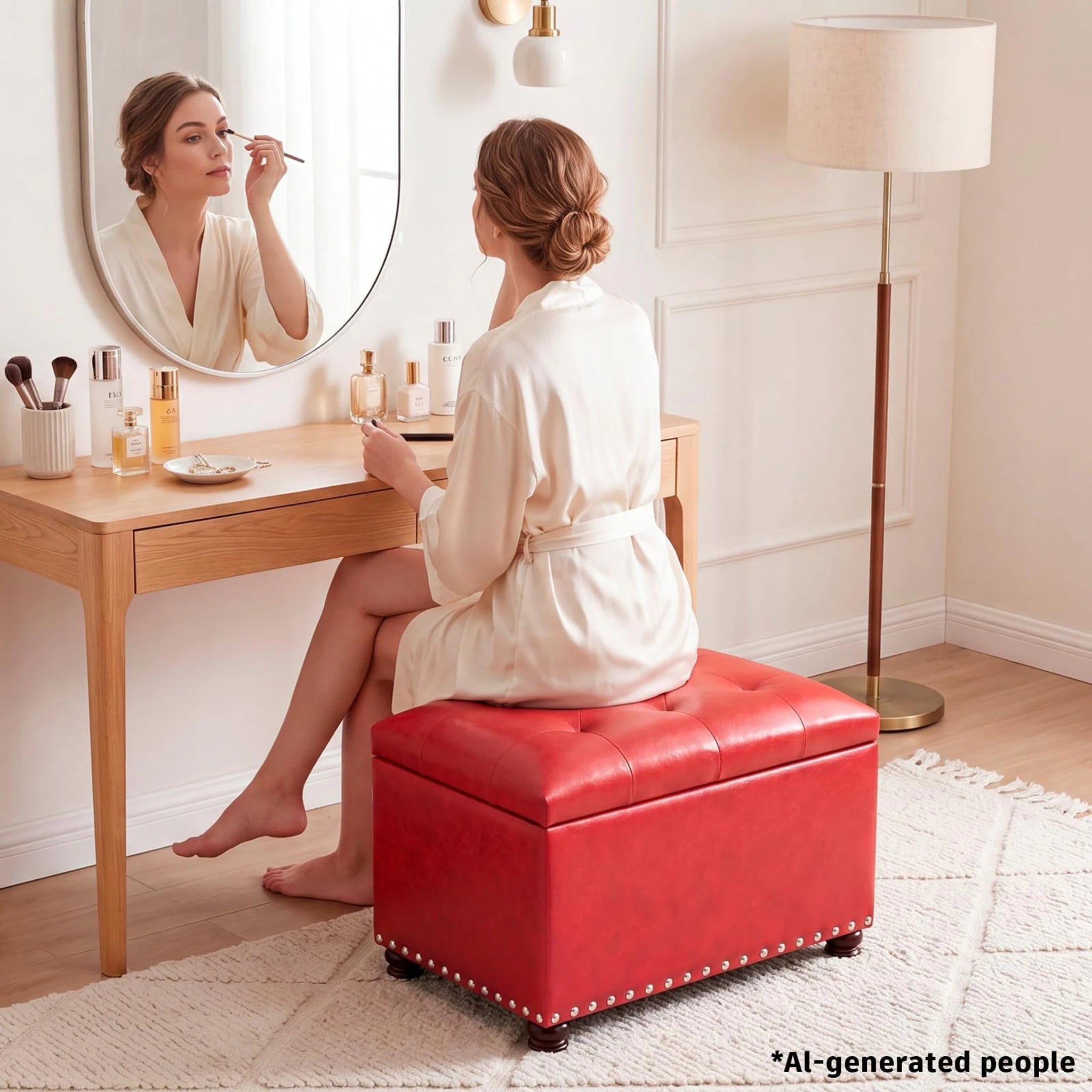 Decent Home Red Faux Leather Storage Ottoman – detail and materials view
