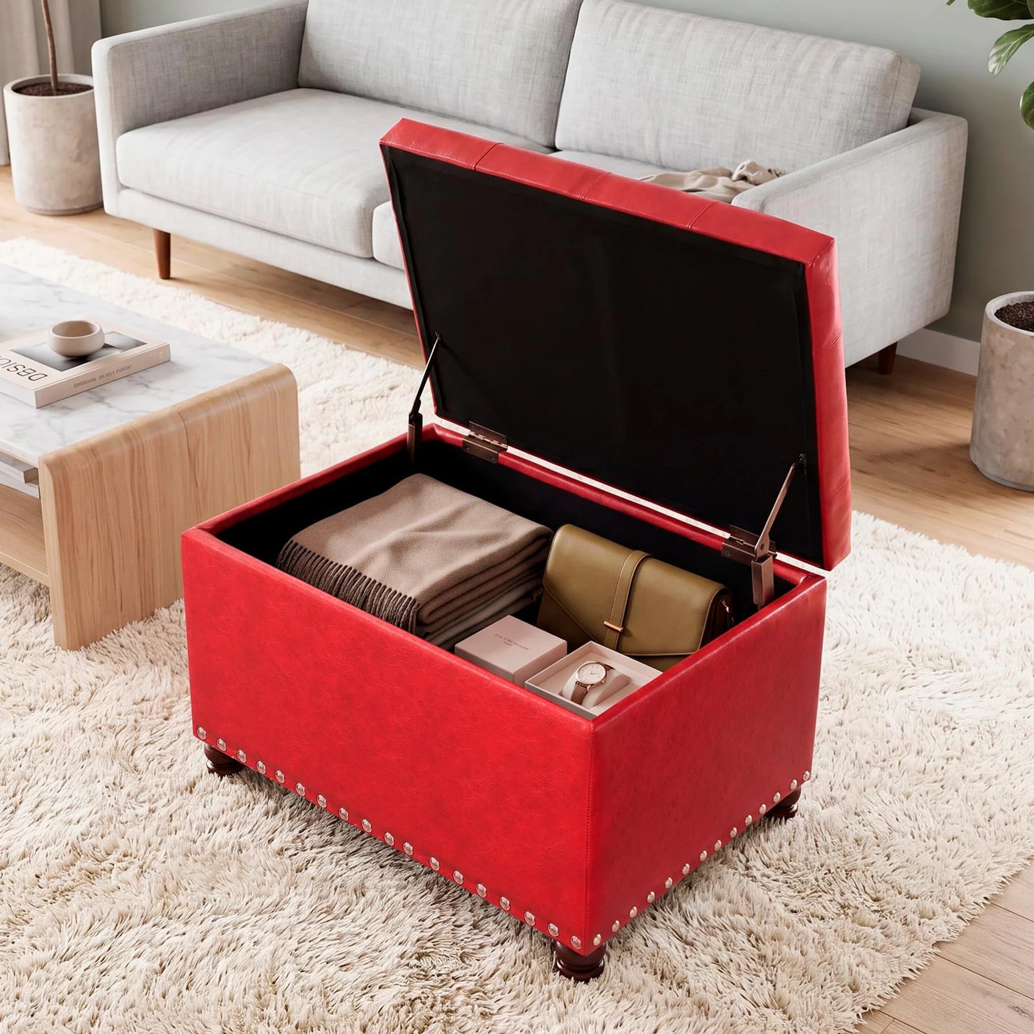 Decent Home Red Faux Leather Storage Ottoman – lifestyle room view