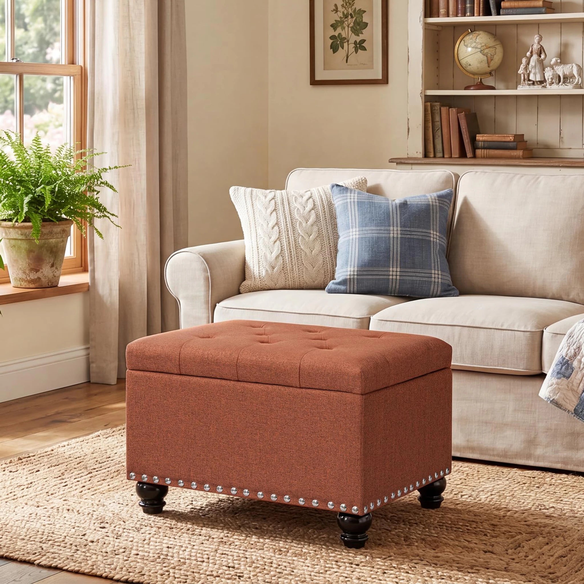 Decent Home Rust Tufted Fabric Storage Ottoman – styled home scene