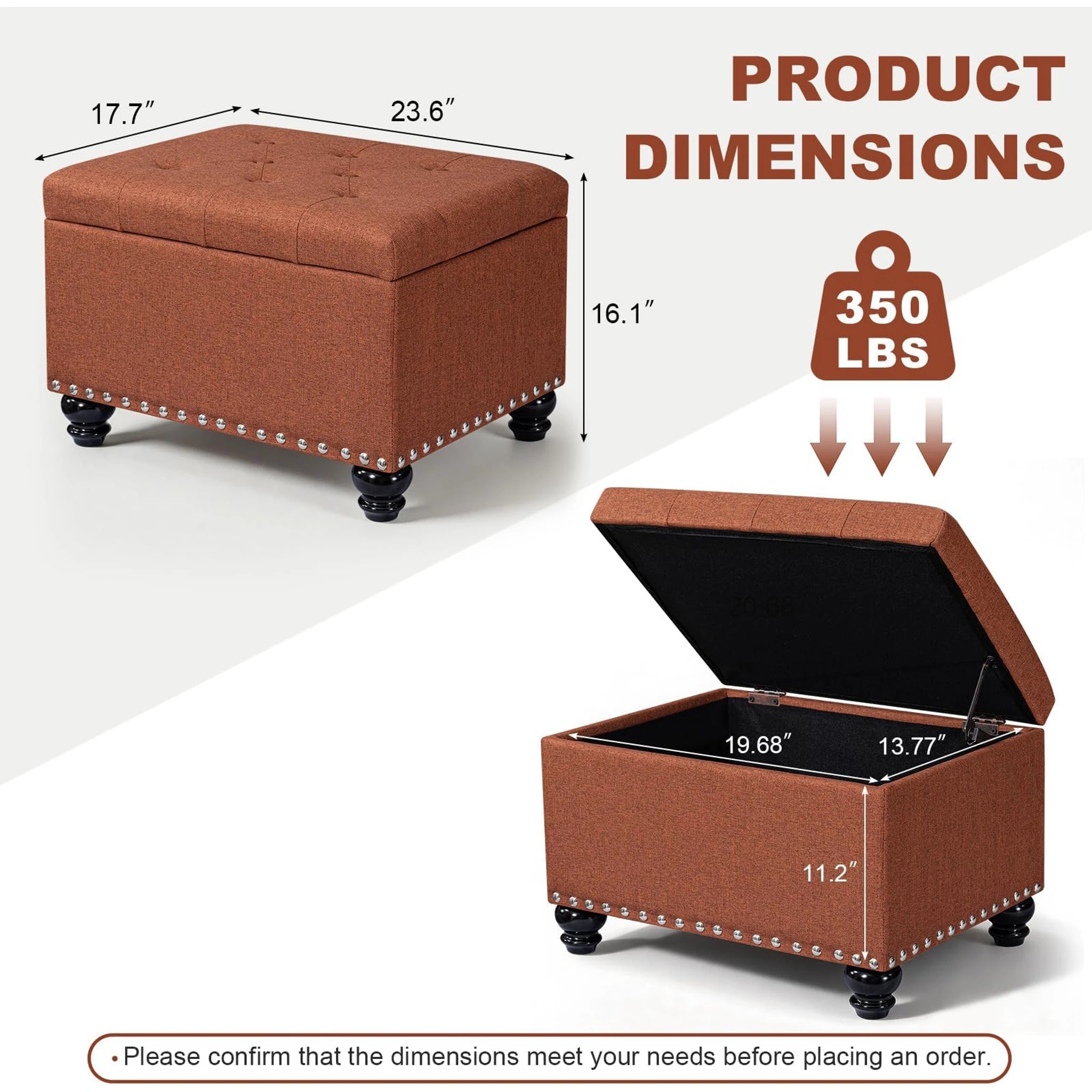 Decent Home Rust Tufted Fabric Storage Ottoman – dimensions chart