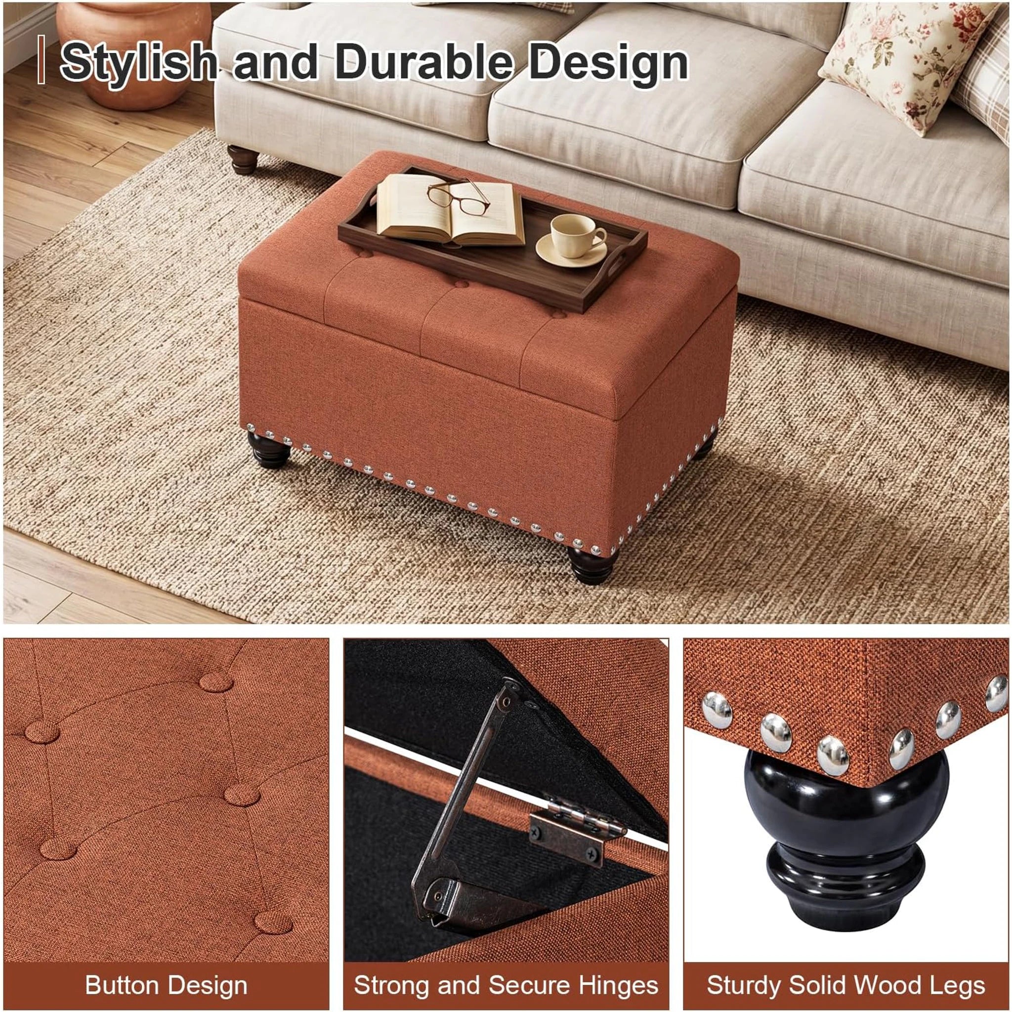 Decent Home Rust Tufted Fabric Storage Ottoman – detail and materials view
