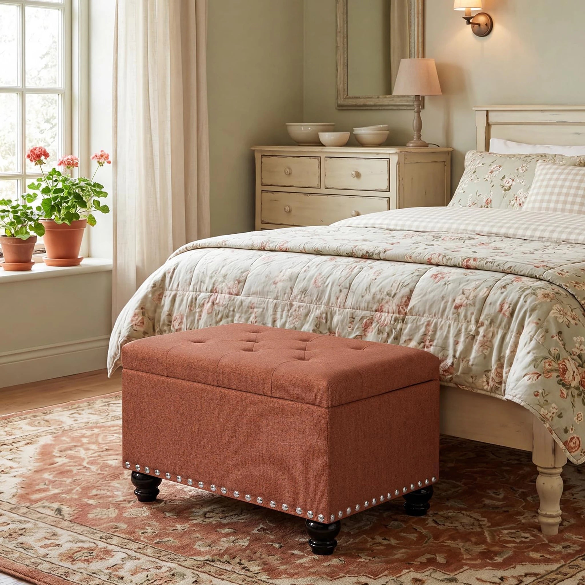 Decent Home Rust Tufted Fabric Storage Ottoman – lifestyle room view
