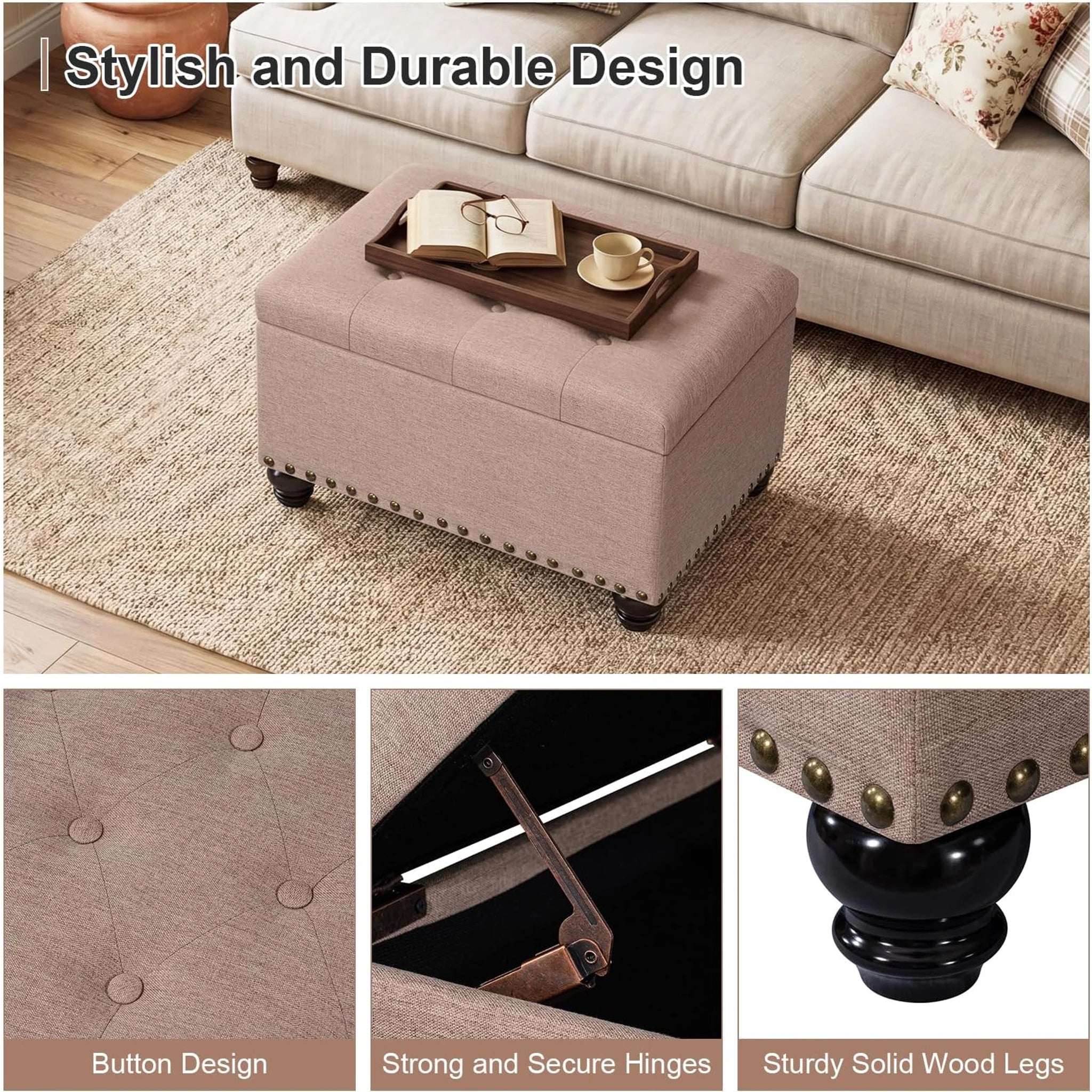 Decent Home Taupe Tufted Fabric Storage Ottoman – detail and materials view