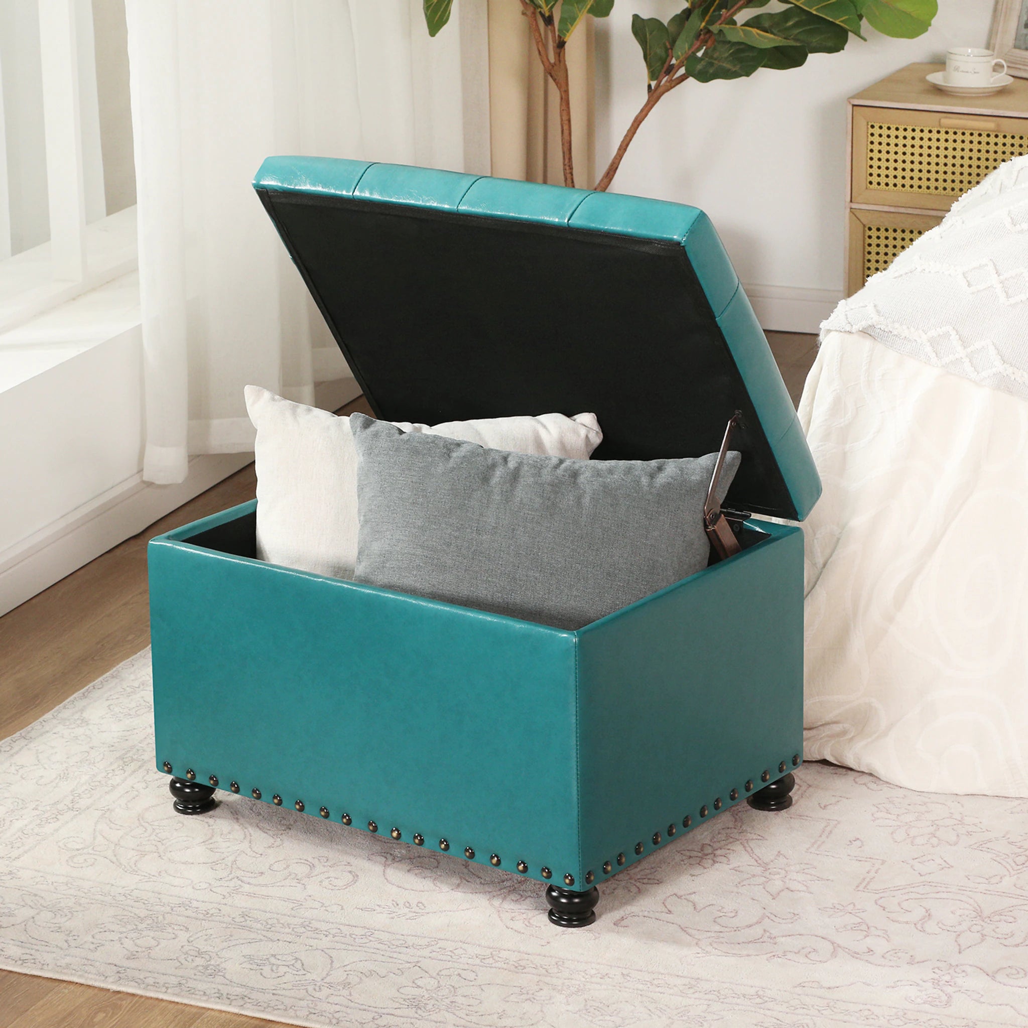 Decent Home Teal Blue Faux Leather Storage Ottoman – styled home scene